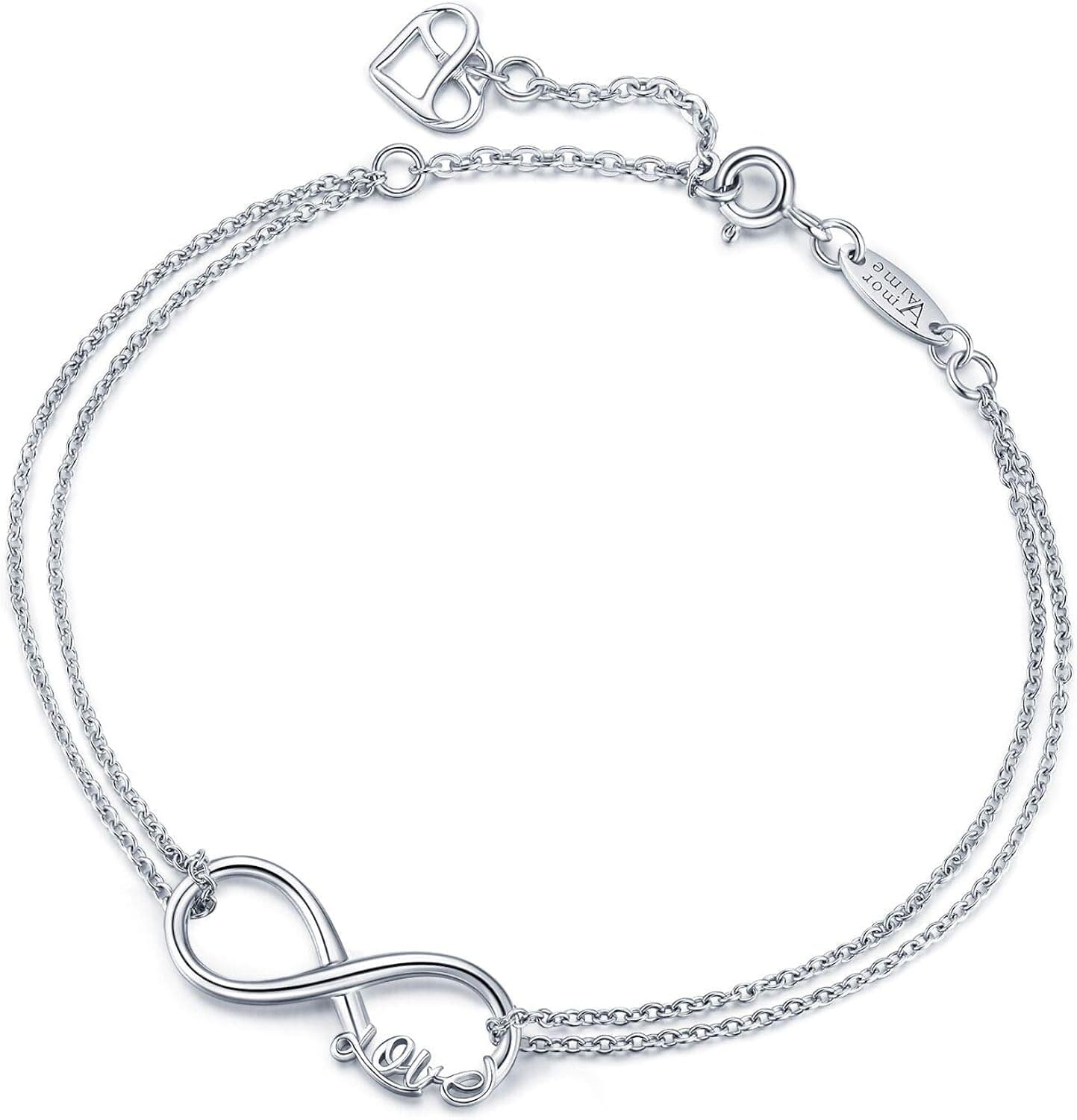 Infinity Bracelet 925 Sterling Silver Bracelet Endless Love Charm Womens Adjustable Double Chains Girls Jewelry Gift for Mother's Day AmorAime (infinity love)