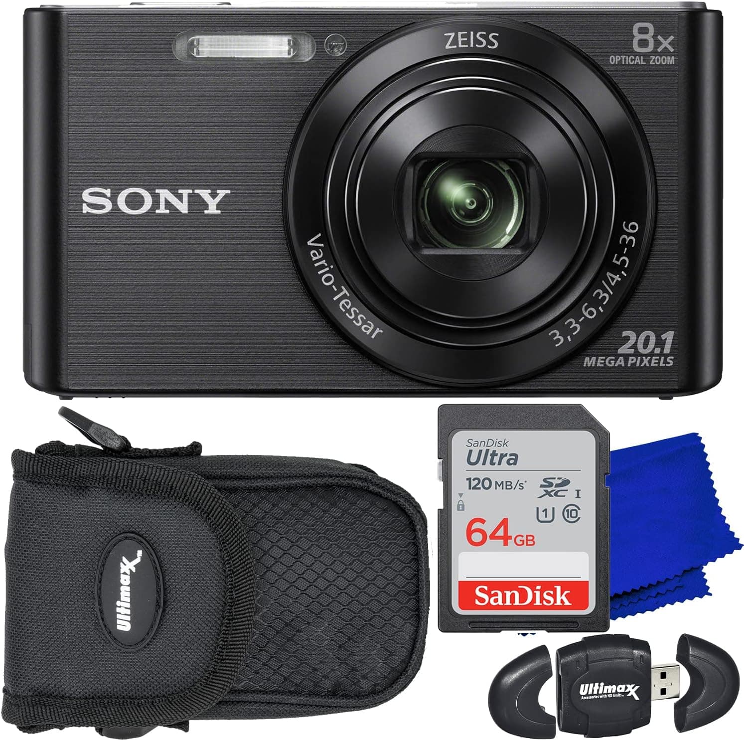 Sony DSC-W830 Digital Camera (Black) + SanDisk Ultra 64GB SDXC Memory Card, Water-Resistant Point & Shoot Camera Case, High Speed Memory Card Reader & More (9pc Bundle)