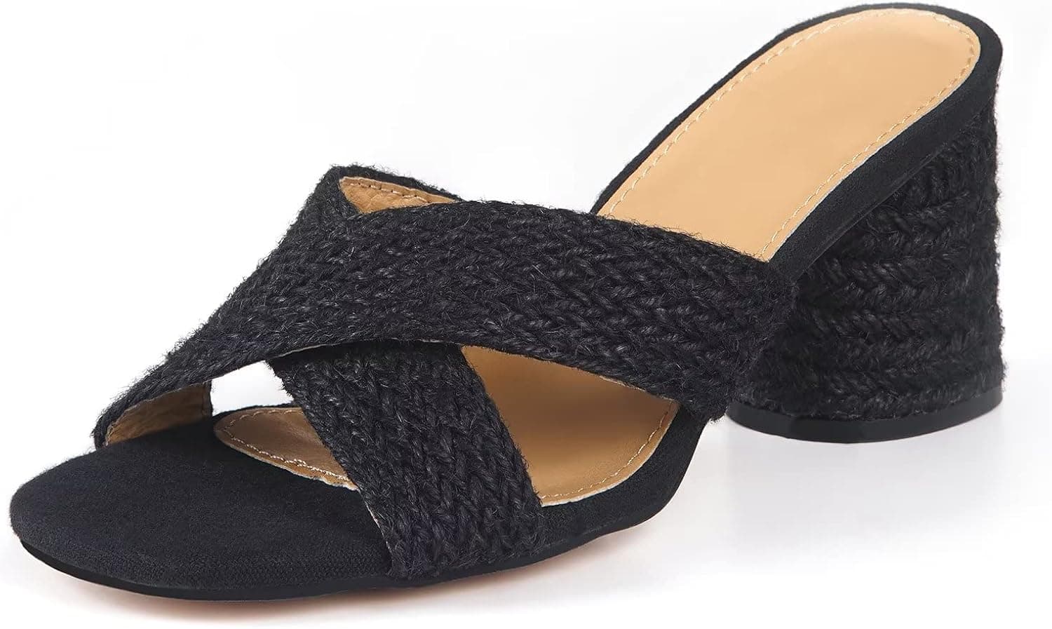 Samilor Women's Chunky Heel Sandals Square Open Toe Cross Braided Espadrilles High Heeled Mules Slip On Shoes for Summer