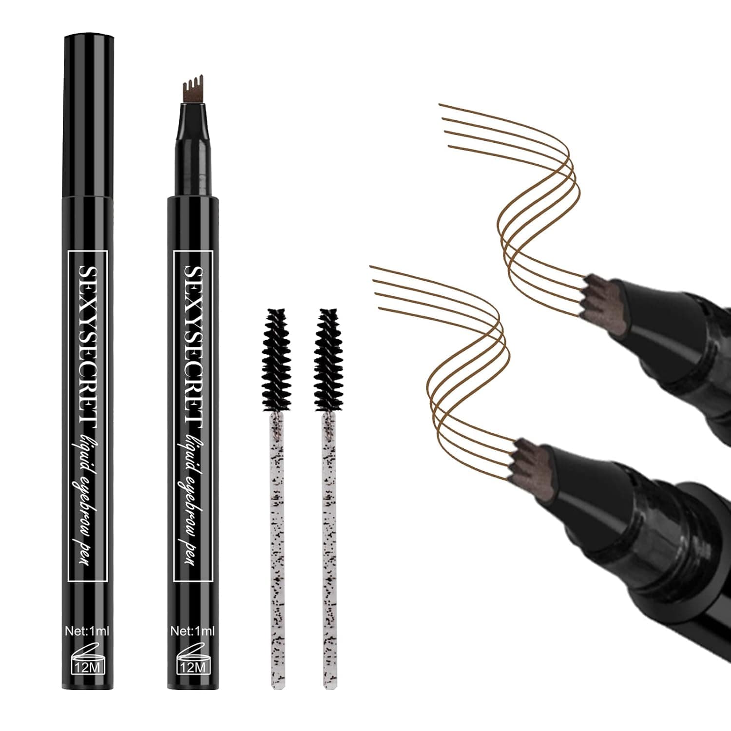 BLEGGEIT 2 Pcs Eyebrow Pencil and 2 Pcs Crystal Spoolie Brushes, Liquid Eyebrow Microblading Pen, Eyebrow Tattoo Pen Creates Natural Looking Brows, Long Lasting Waterproof and Smudge-proof(Light Brown)