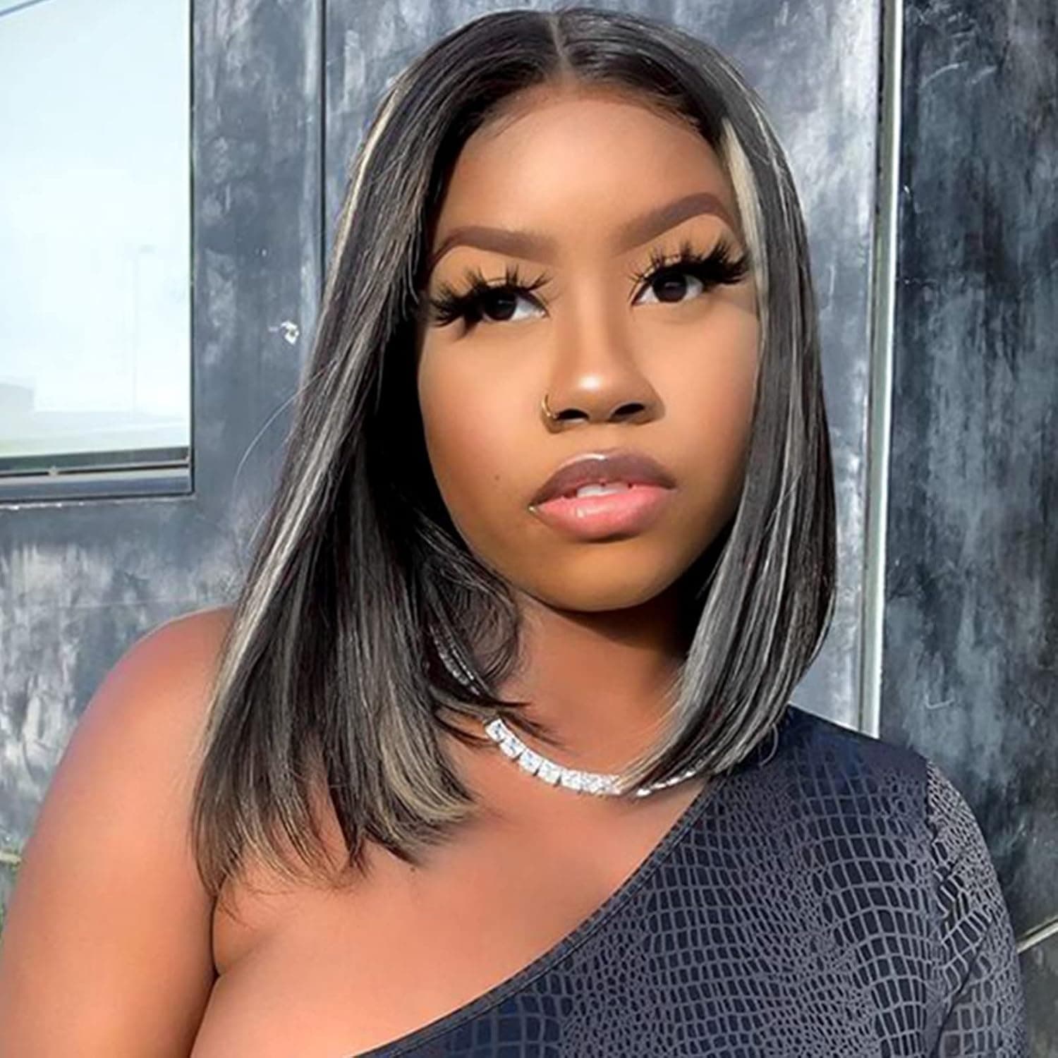 Wiggins Highlighted Lace Front Bob Wig Human Hair Platinum Blonde Highlights Wig Straight T Part Human Hair Bob Wigs Pre Plucked Natural Hairline with Baby Hair 12 inch Hair Wig