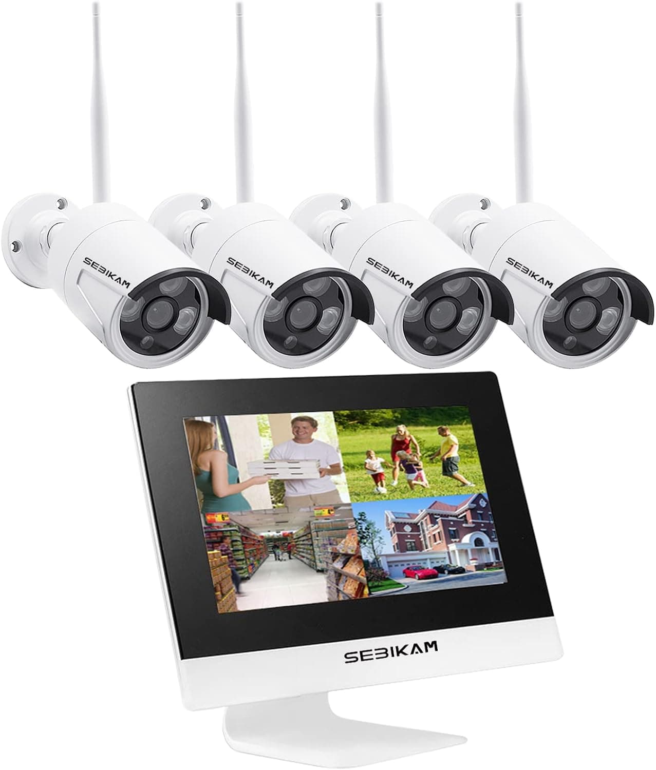 SEBIKAM Security Camera System Outdoor,1080P All-in-One 10.1" Monitor with 4Pcs 3MP Wireless Waterproof Cameras One-Way Audio,24/7 Motion Recording,Home Surveillance NVR Kits,Free App,No Hard Drive