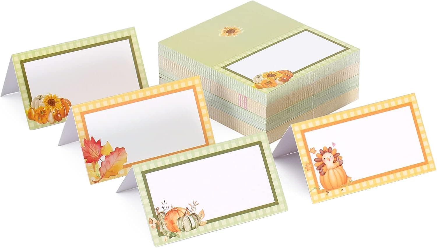 FLOEVER Thanksgiving Place Card 100PCs-Samll Tent Cards 2*3.5 inches-Wedding Name Cards with Turkey Pumkin sunflower and Maple image for Table Setting, Banquets, Dinner Parties