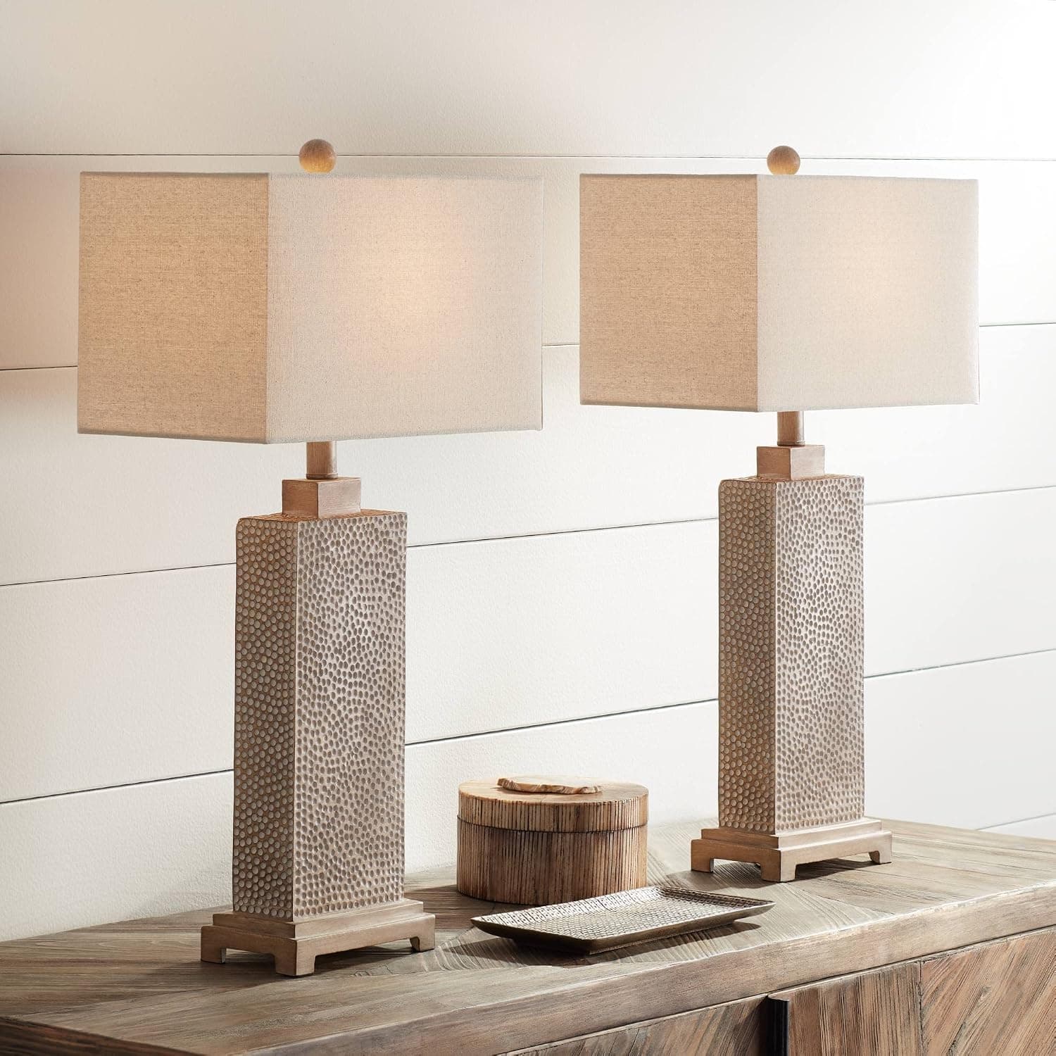 360 Lighting Caldwell Rustic Farmhouse Table Lamps 26 3/4" Tall Set of 2 Earth Tone Faux Wood Hammered Oatmeal Fabric Rectangular Shade for Bedroom Living Room House Home Bedside Nightstand