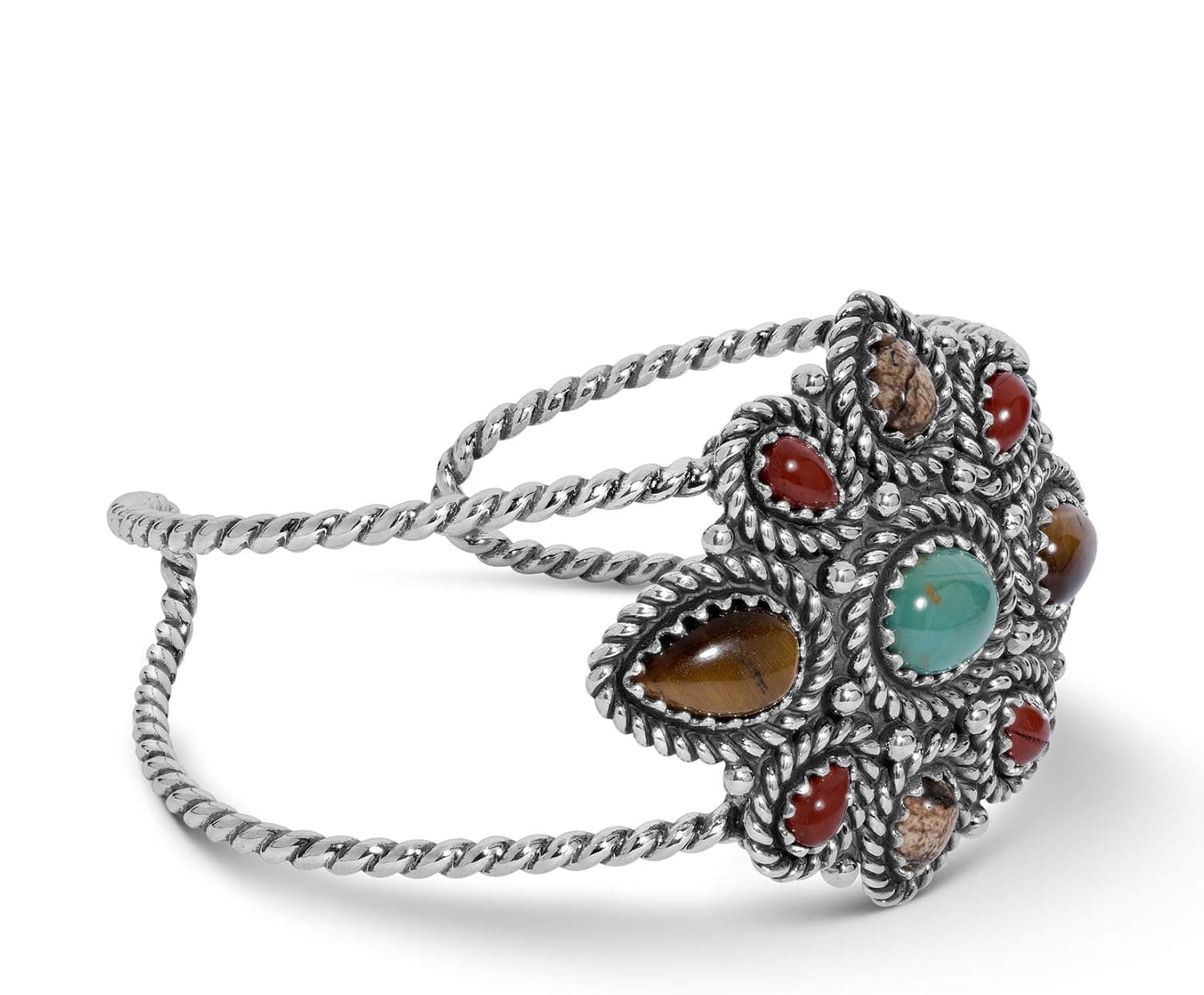 American West Sterling Silver Earth tone Tiger Eye, Red and Brown Jasper and Turquoise Gemstone Rope Cuff Bracelet Sizes S, M, L