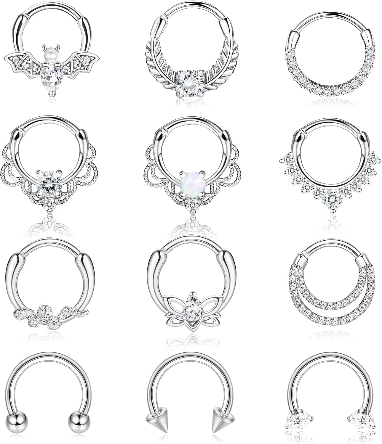 Besteel 12Pcs Septum Rings 16G Daith Earrings Nose Rings Hoop Stainless Steel CZ Opal Cartilage Helix Tragus Earrings Septum Clicker Piercing Jewelry Silver Black Rose Gold