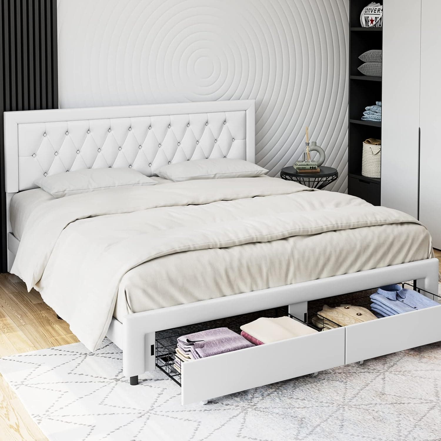 King Bed Frame with 2 Storage Drawers, Leather Upholstered Platform Bed Frame with Button Tufted Headboard, Wooden Slats and Adjustable Headboard Mattress Foundation, No Box Spring Needed, White