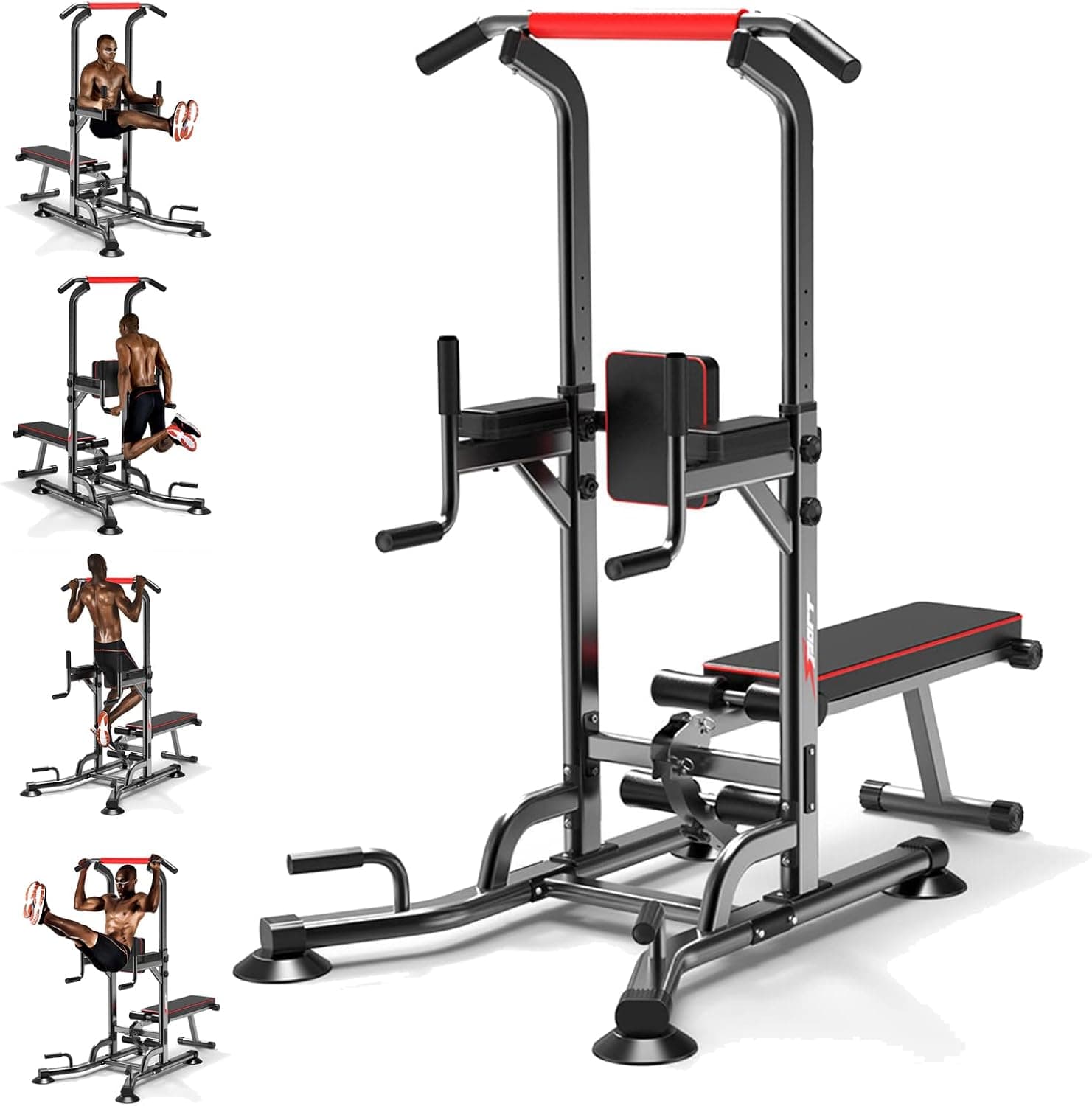 Pull Up Bar Stand/Dip Station - Cethrio Height Adjustable Power Tower With Sit-Up Bench, For Home Gym Workout Full Body Strength Training, Black