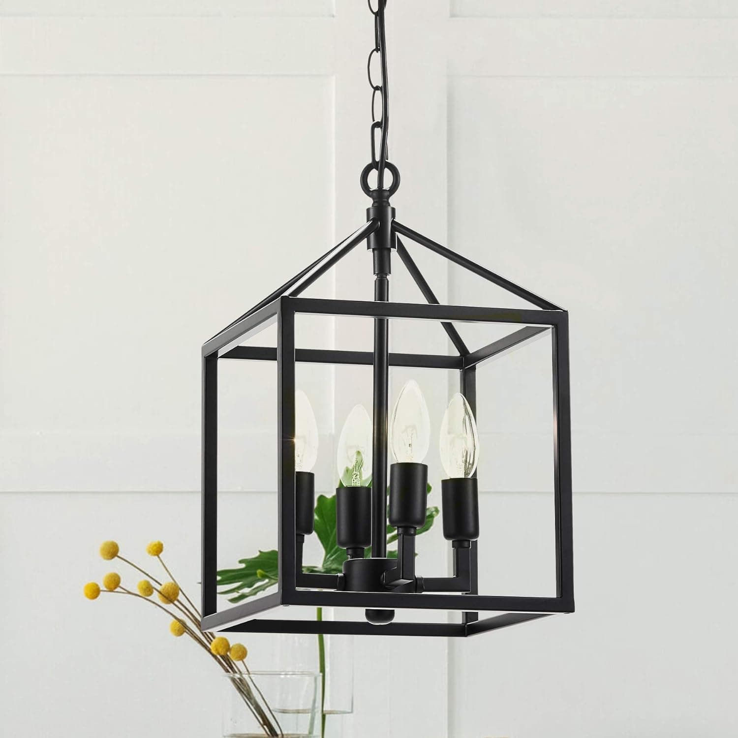 VONLUCE Black Farmhouse Chandelier 4-Light, Industrial Lantern Chandelier Metal Frame, Rustic Cage Pendant Light Fixture for Kitchen Island Entryway Dining Room Hallway