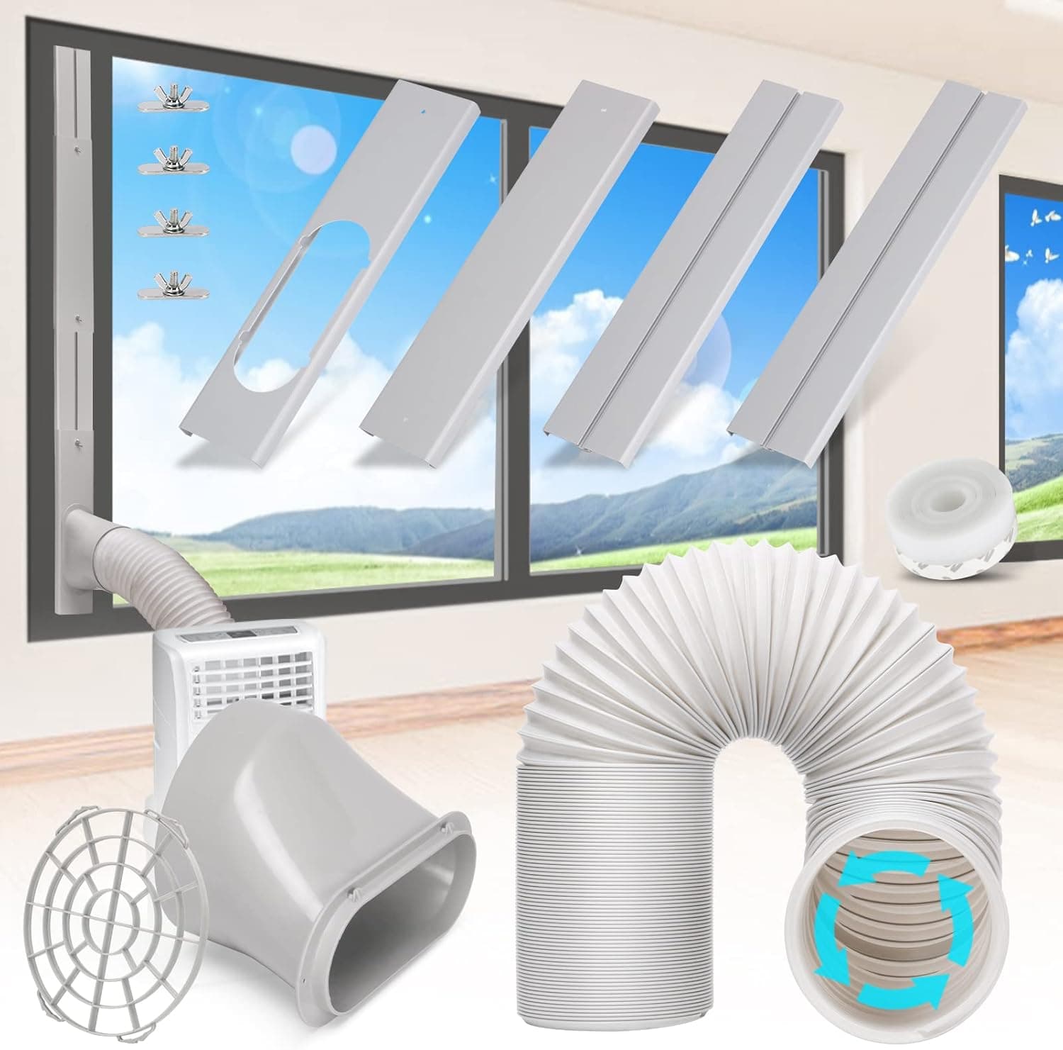 Kerykwan Portable Air Conditioner Window Vent Kit with 5.9” Exhaust Hose Adjustable Portabel AC Window Kit for Ducting Universal Portable AC Seal Panel for Horizontal&Vertical Window
