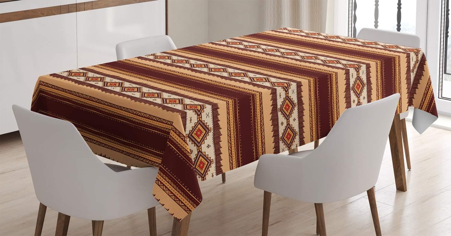 Ambesonne Native Tablecloth, Native Indigenous Pattern Prehistoric Country Theme, Rectangular Table Cover for Dining Room Kitchen Decor, 60" X 84", Maroon Beige