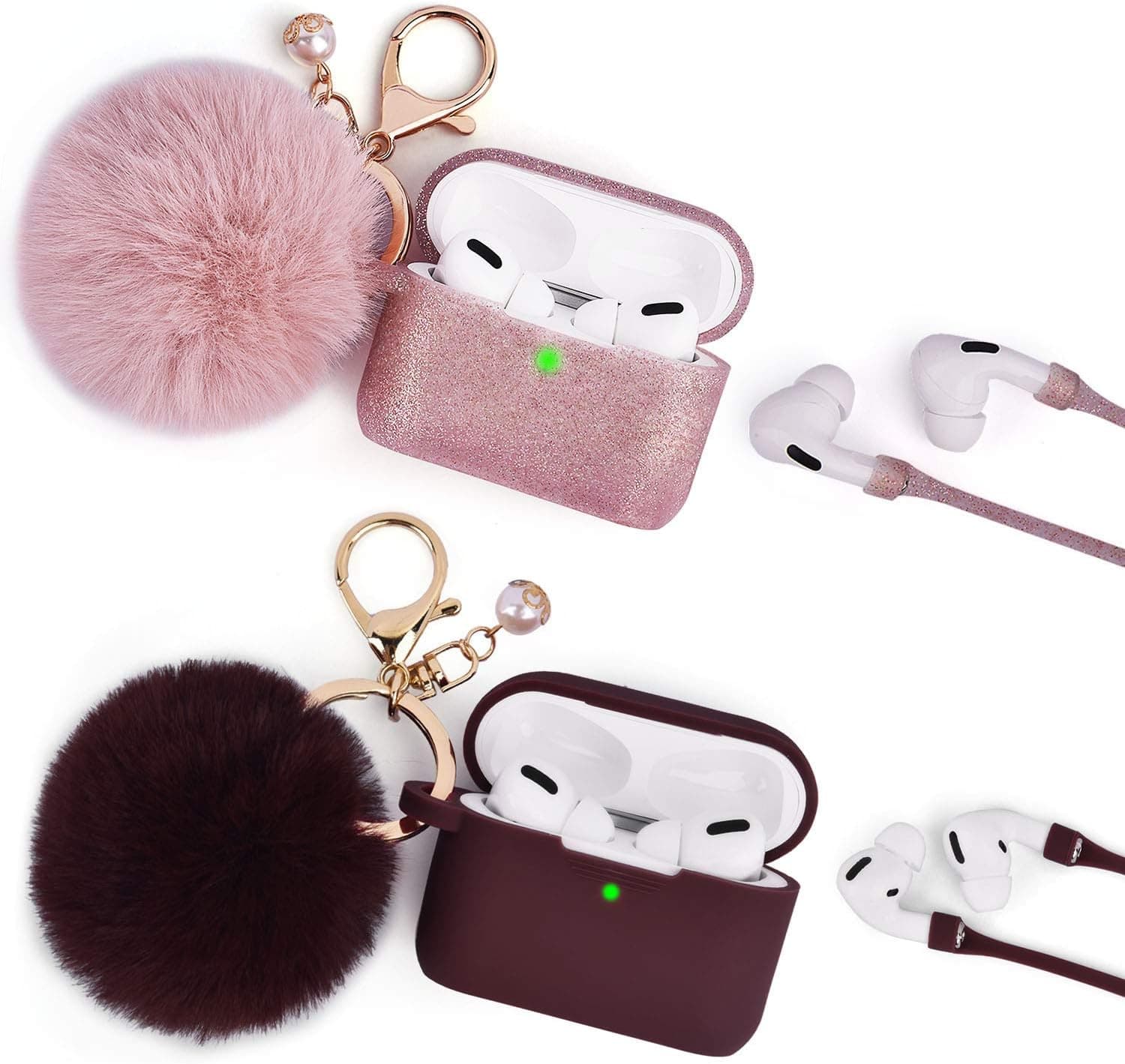 Airpods Pro Case, Filoto Airpod Pro Cases Cover for Apple AirPods Pro Wireless Charging Case, Cute Air Pods 3 Case Silicone Protective Accessories Keychain/Pompom/Strap 2019 (Burgundy+Rose Gold)