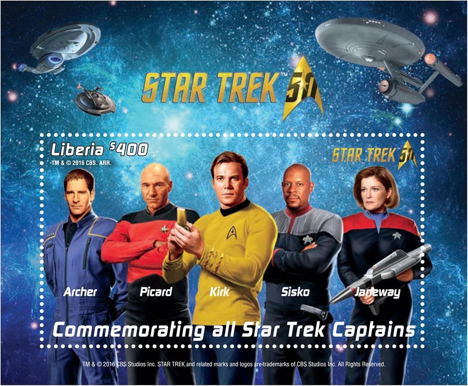 Liberia Star Trek 50th Anniversary- Commemorating All Captains, Collectible Postage Stamp Souvenir Sheet