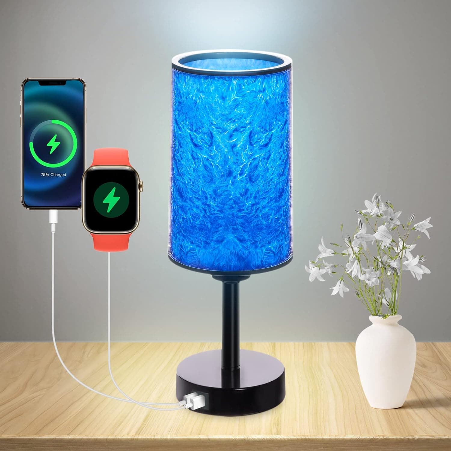 JASMINER Blue Bedside Lamp Table Hard Resin Touch Control Lamp with USB C&A Charging Ports Marble Texture Small Nightstand for Livingroom Bedroom Read Office Work