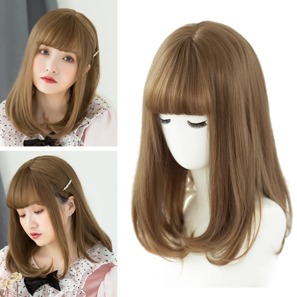 BRIGHT LELE Nature Full Medium Curly Hair With Air Bang Wigs for Woman Synthetic Straight Hair Wig for Daily Party Cosplay Wig HF613-AC