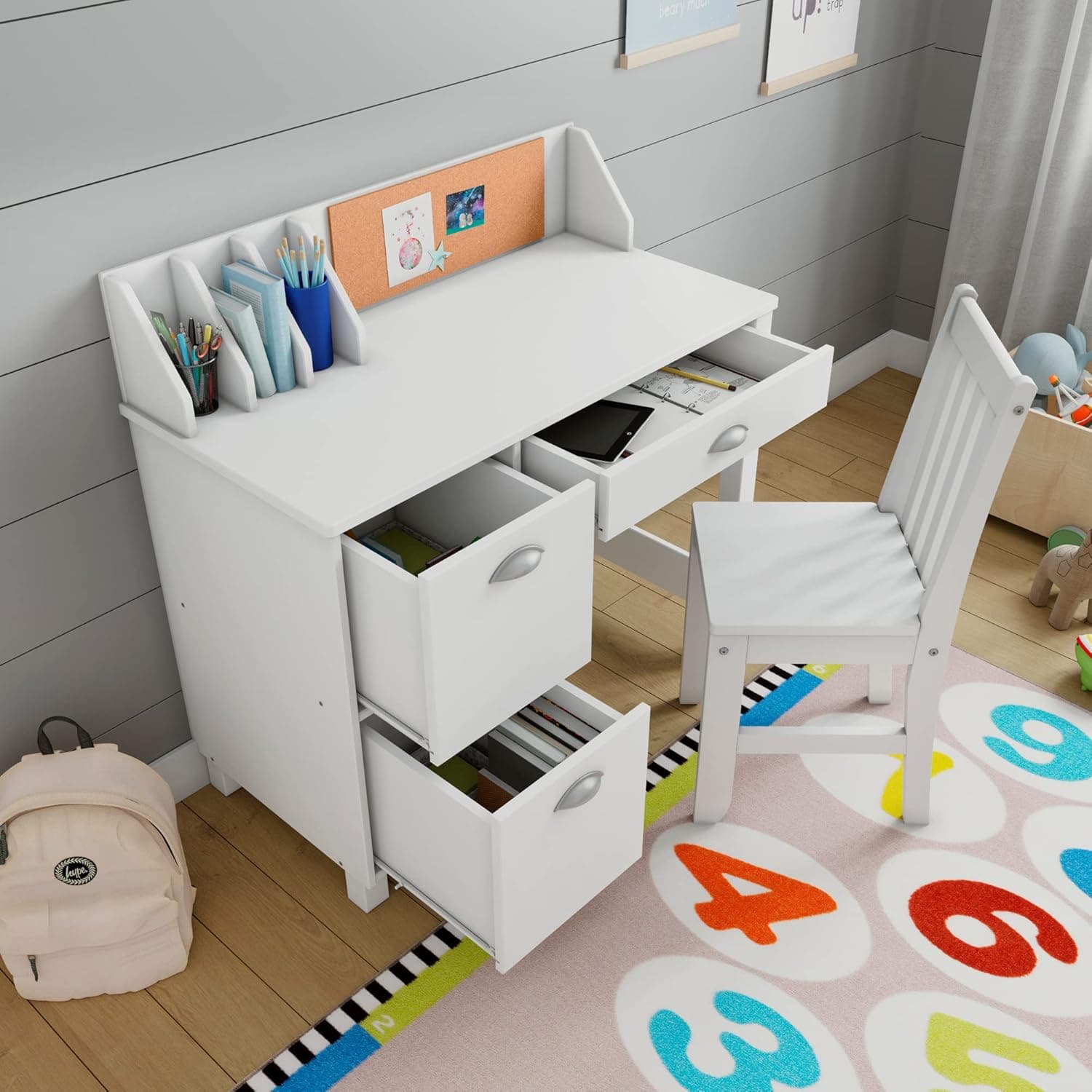 P'Kolino Kids Storage Desk and Chair Set - 100% FSC-Certified Pine Wood Frame, Children’s Bedroom Furniture, White (3 Drawers)