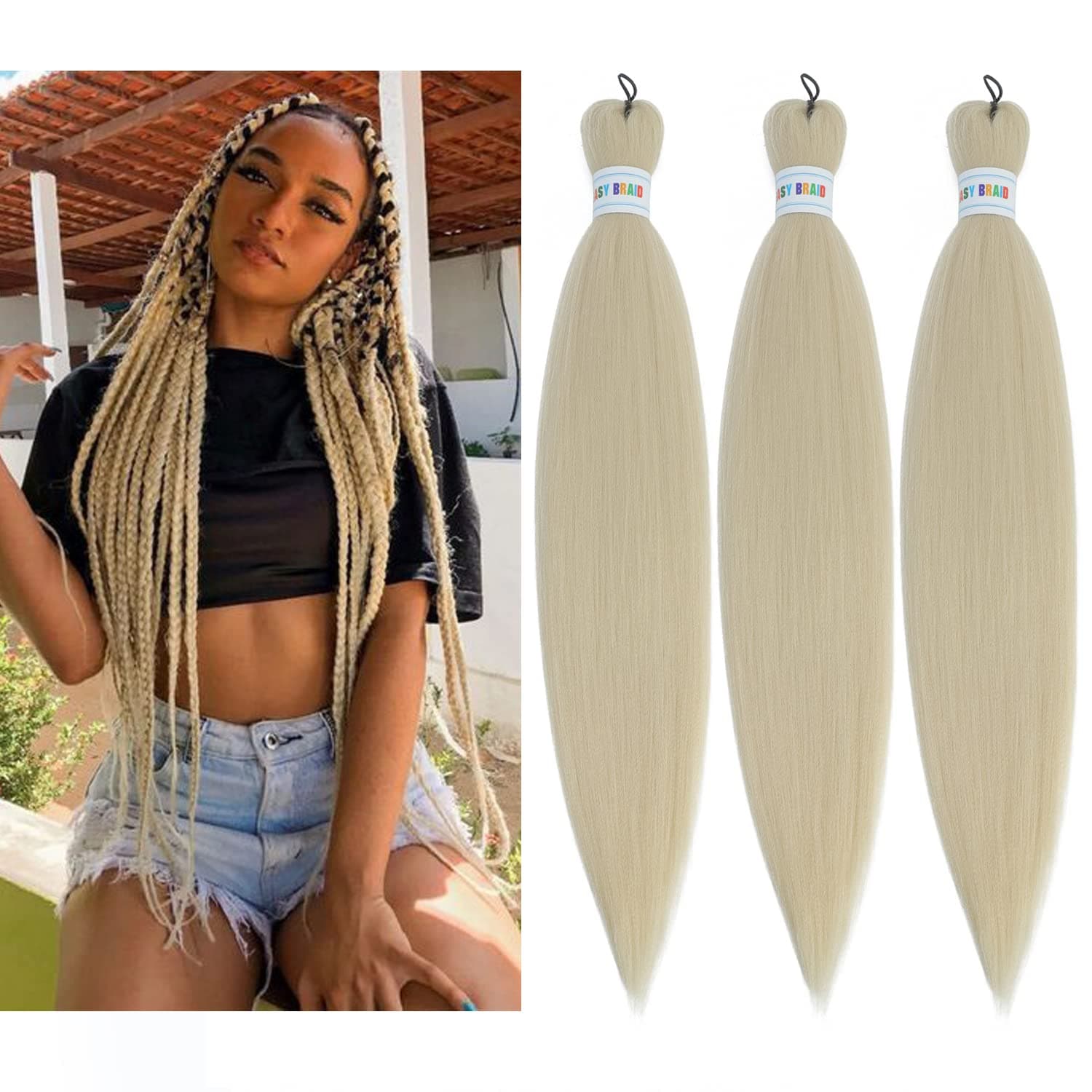 Newluyang 613 Blonde Braiding Hair Pre Stretched 26inch 3packs Hot Water Setting Hair Extensions Professional Soft Kanekalon Synthetic Fiber Yaki Texture Crochet Hair Braids