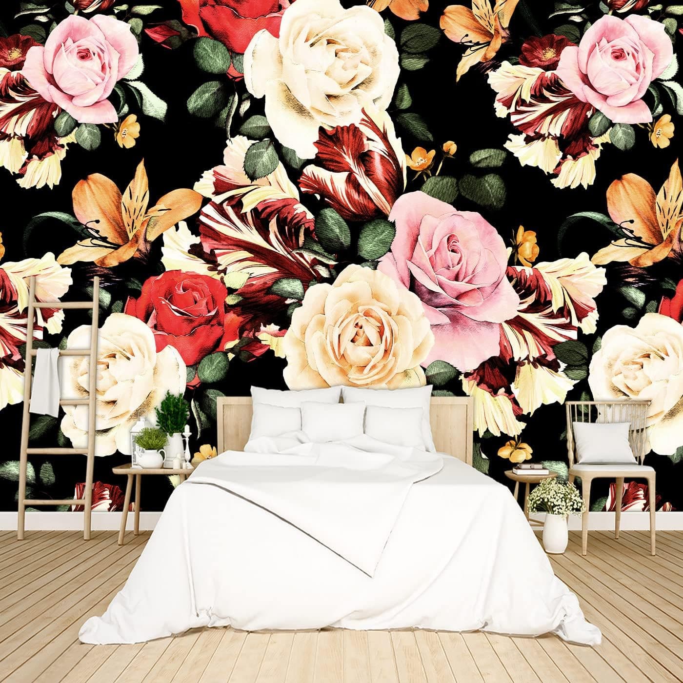 BZHXBZ - Black Rose Floral Wallpaper Botanical Flowers Leaf Bedroom murals Aesthetic Room Decor Living Room tv Background Large Wall Mural - 137"x96" Not Peel and Stick