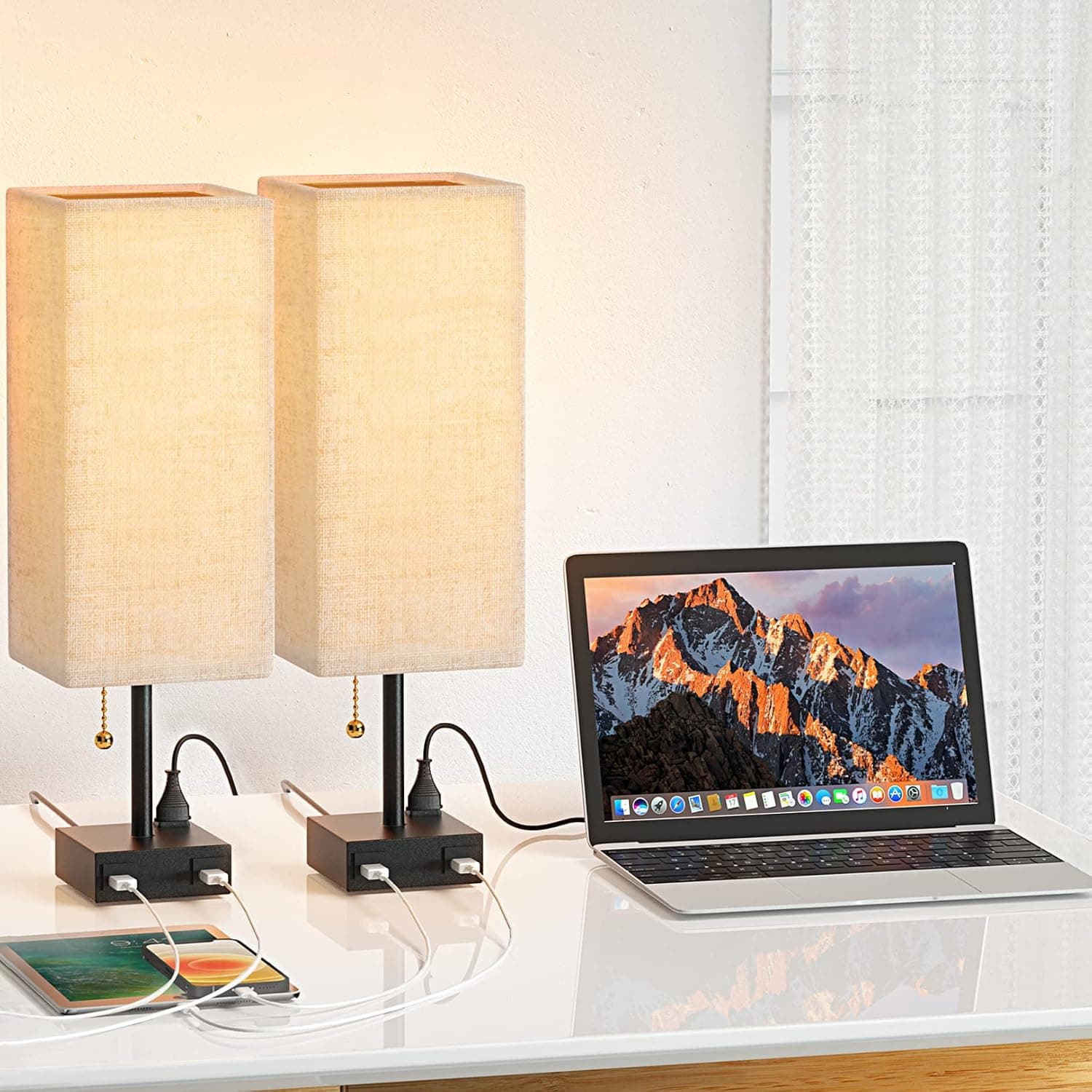 USB Table Lamp Set of 2, Bedside Table Lamp with Square Linen Fabric Shade Dual USB Ports & 1 AC Outlet, Nightstand Lamp for Bedroom, Living Room