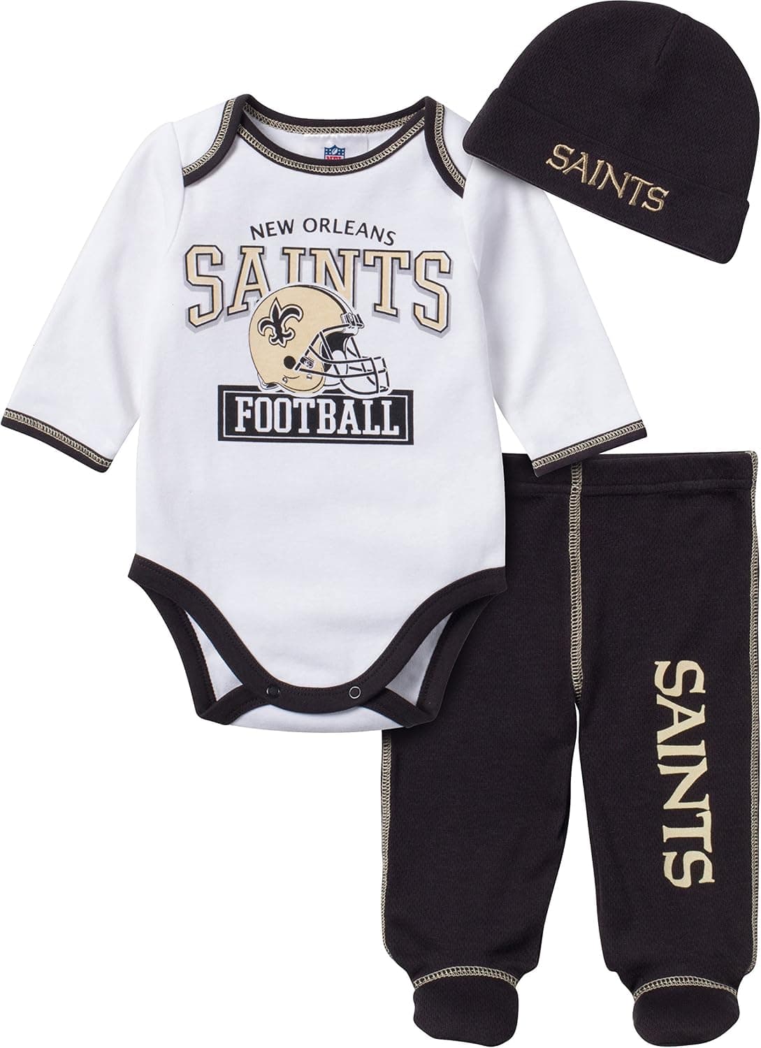 NFL New Orlean Saints Unisex-Baby Bodysuit, Pant, & Cap Set, Black, 6-9 Months