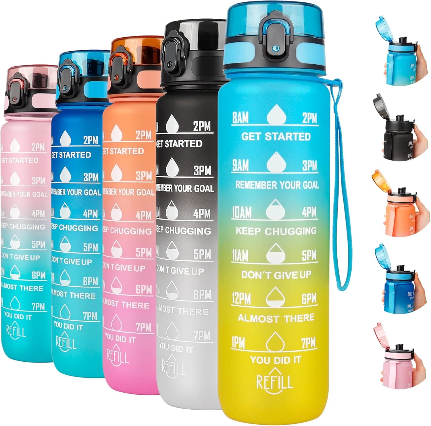 Gulex 32oz Motivational Water Bottles with Time Marker, Leak-proof BPA Free Non-Toxic Drinking Sports Water Bottle with Carrying Strap