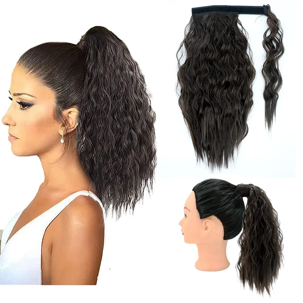 Yinmei Baibian Curly Ponytail Extension Short Corn Wave Ponytail Hairpieces Wrap Around Synthetic Wavy Clip in on Pony Tail for Women Girls Fluffy Magic Paste Ponytails 14inch (4#)