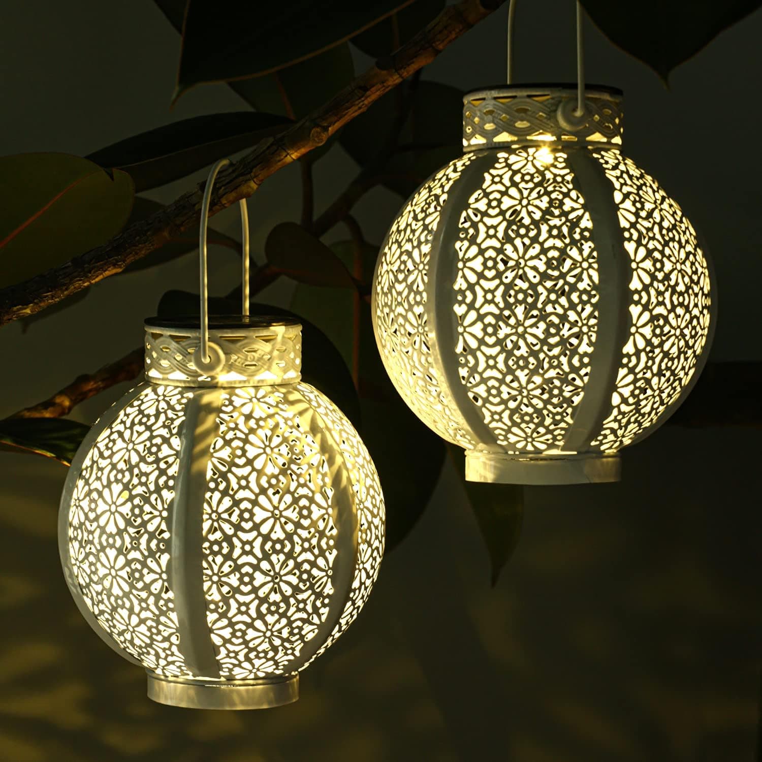 DUSVALLY Solar Lantern Outdoor Waterproof 2 Pack for Garden, Hanging Lanterns Set of 2, Hollow-Out Retro Metal Decoration Lantern for Patio & Yard, White Lantern Ornament, 7"H