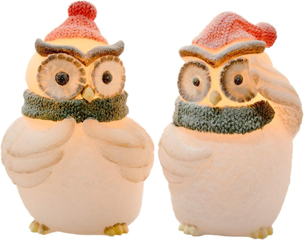 Candle Impressions 2 Piece Owl Set LED Flameless Light with Real Wax Bright Sparkling Glitter with Timer Switch Outdoor Woodsy Farmhouse Décor