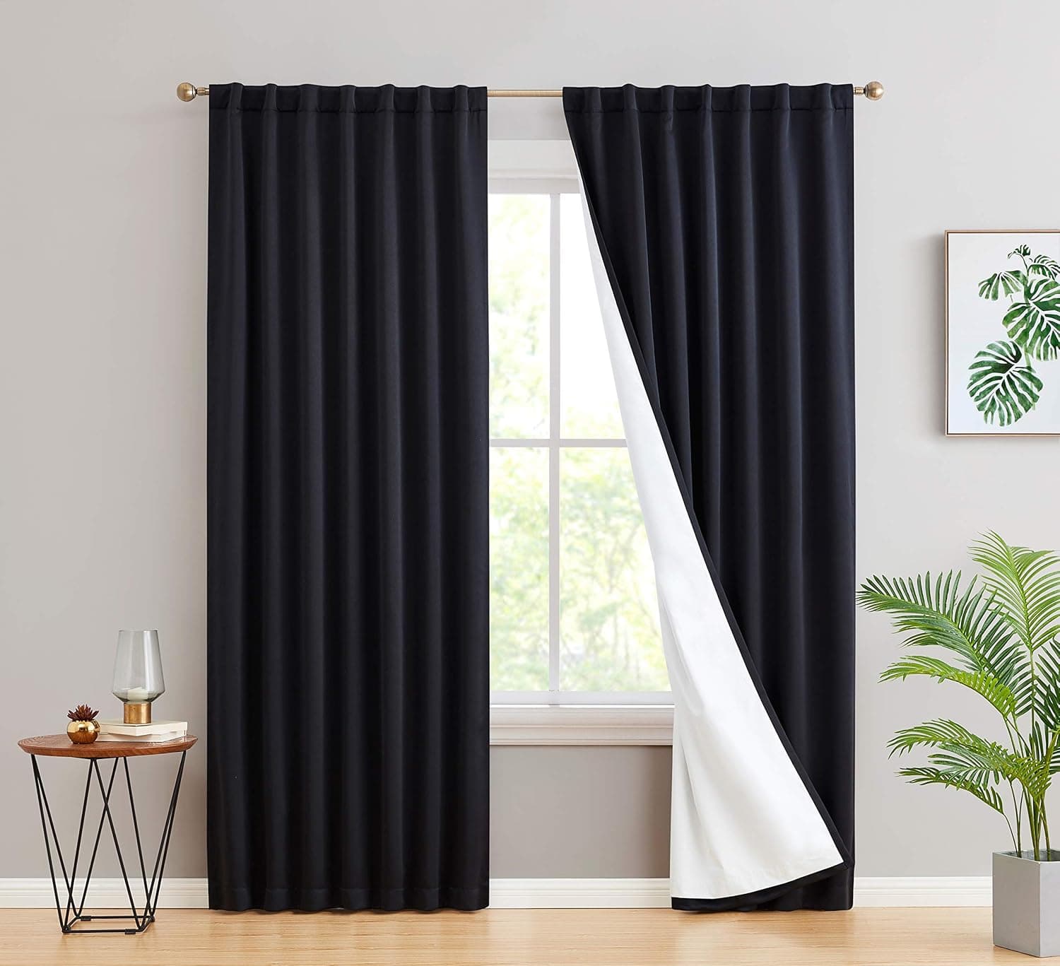HLC.ME Hamilton 100% Complete Blackout Lined Drapery with Heavy Double Layer Thermal Insulated Energy Smart Rod Pocket Back Tab Window Curtains for Bedroom & Living Room, 2 Panels (52 W x 63 L, Black)