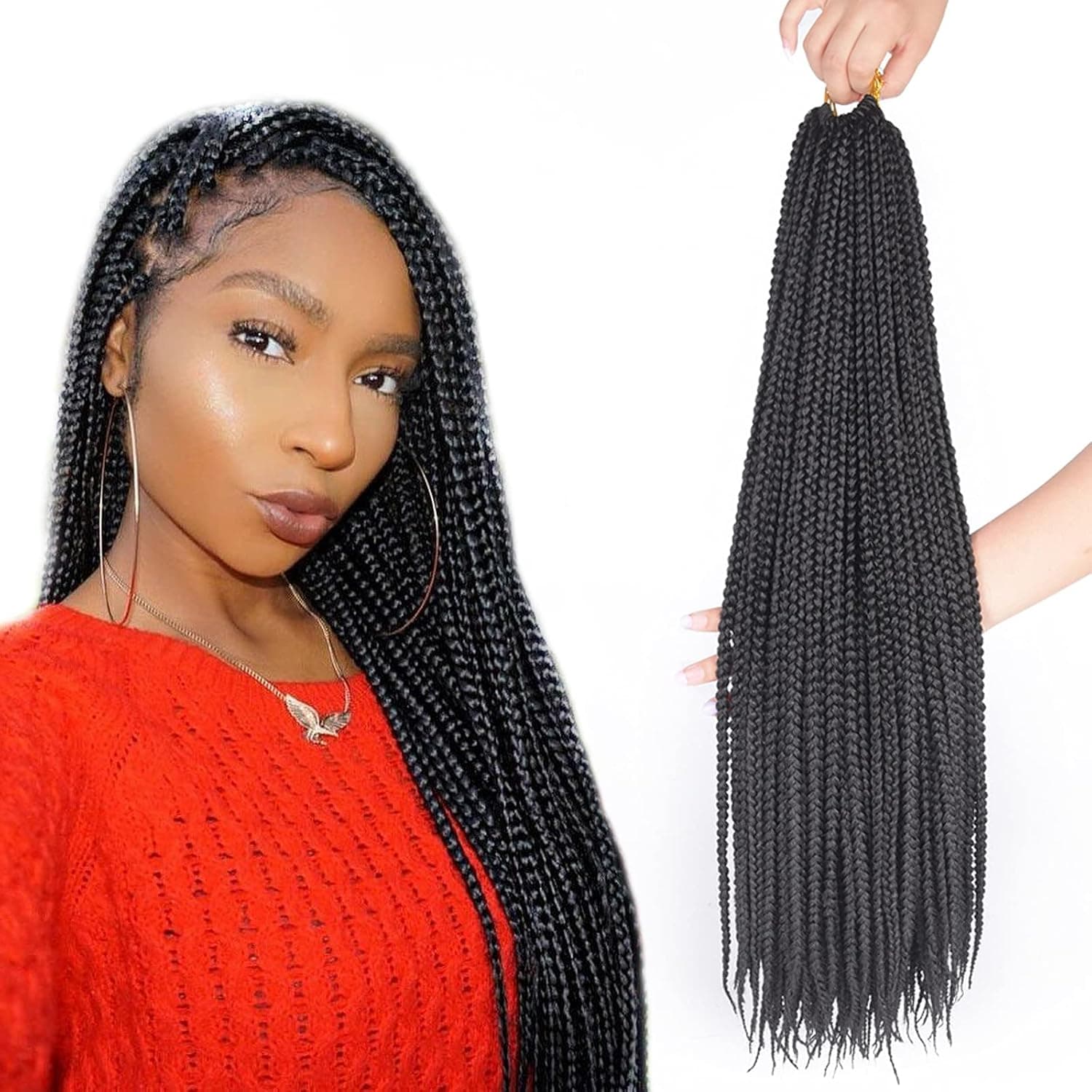 Refined hair Products 6Packs 24inch Ombre Box Braids Crochet Braids Braiding Hair Weave 22Strands High Temperature Synthetic 3S Box Braids For African Women (1B,6packs)