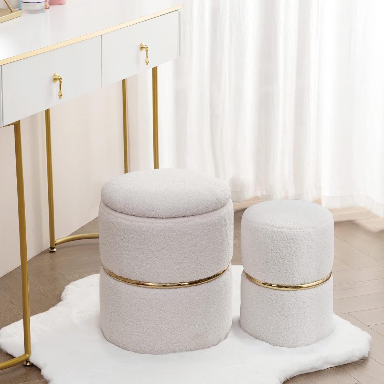 Furniliving 16" Height Round Ottoman Foot Rest Stool, Soft Fuzzy Faux Wool Fur Upholstered Ottoman with Gold Stainless Steel Hoop, Storage Stool for Living Room, Bedroom, Pack of 2 (White)