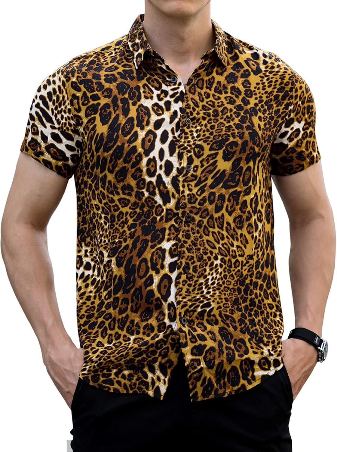 LOGEEYAR Mens Fashion Shirts Leopard Snakeskin Print Button Down Summer Short Sleeve Casual Shirt