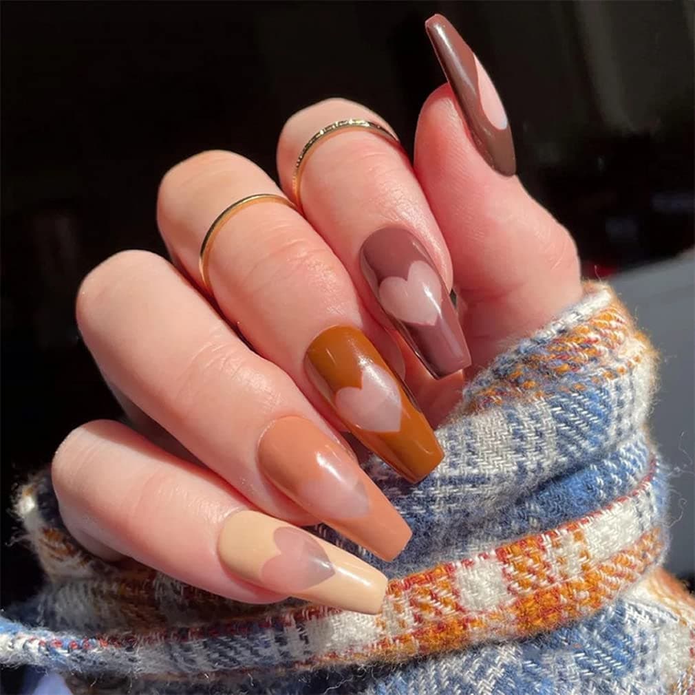 BABALAL Coffin Press on Nails Medium Fake Nails with Nail Glue Matte Glue on Nails 24pcs Ballerina Acrylic Nails with Brown Rhombus Designs Full Cover False Nails