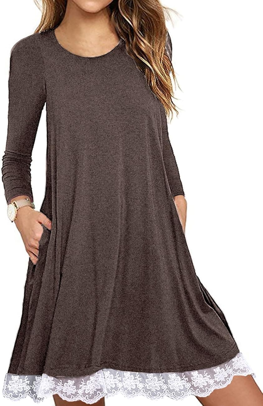 SHFZ Women's Short/Long Sleeve T Shirt Dress Plus Size Summer Lace Tunic Dress with Pockets(Large, Brown)