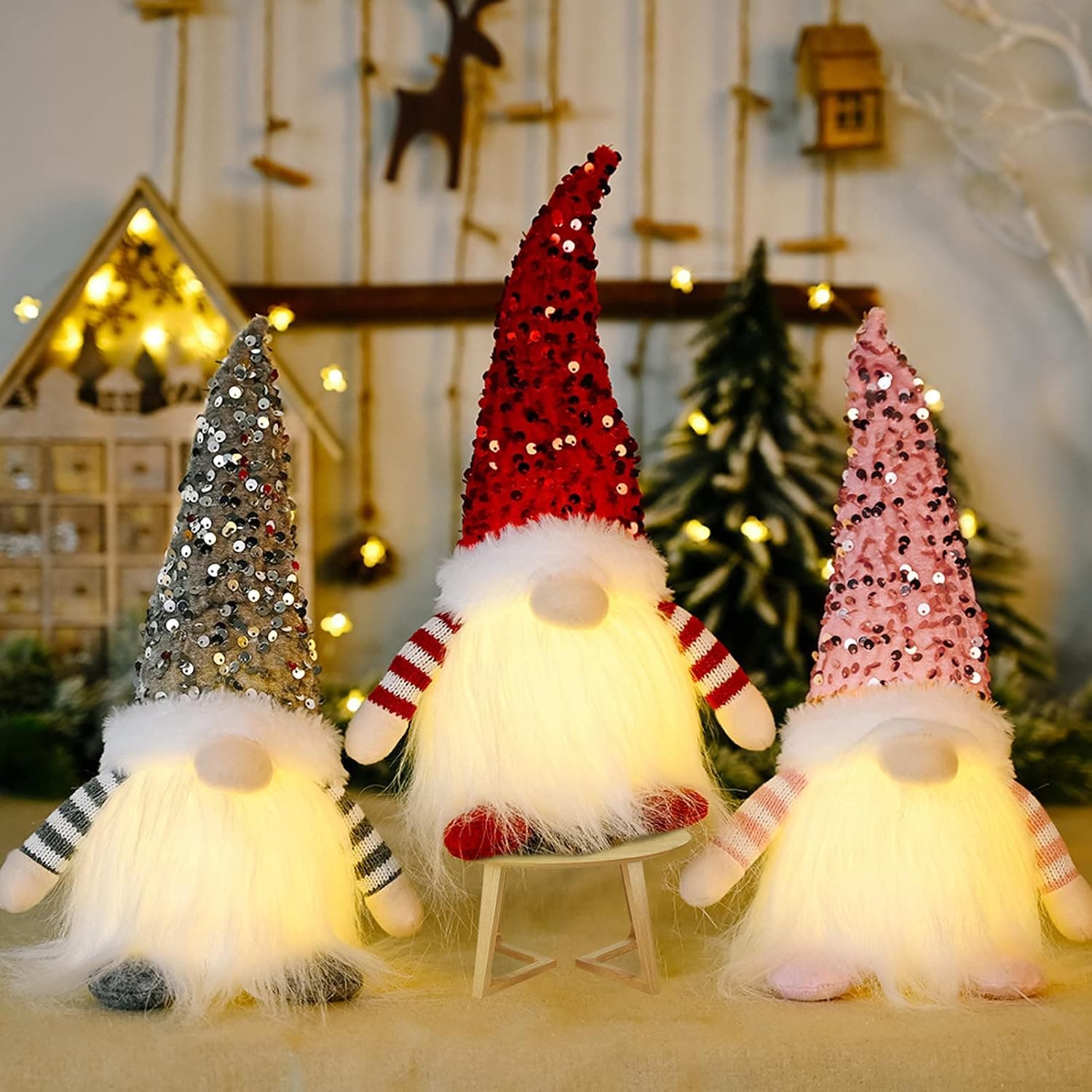 Sufdari Christmas Gnomes Decoration with LED Light 3PC,Handmade Swedish Tomte Xmas Plush Doll, Scandinavian Santa Elf Table Ornaments Collectible Figurine Santa Gnome Set for Home Decor Holiay Gifts