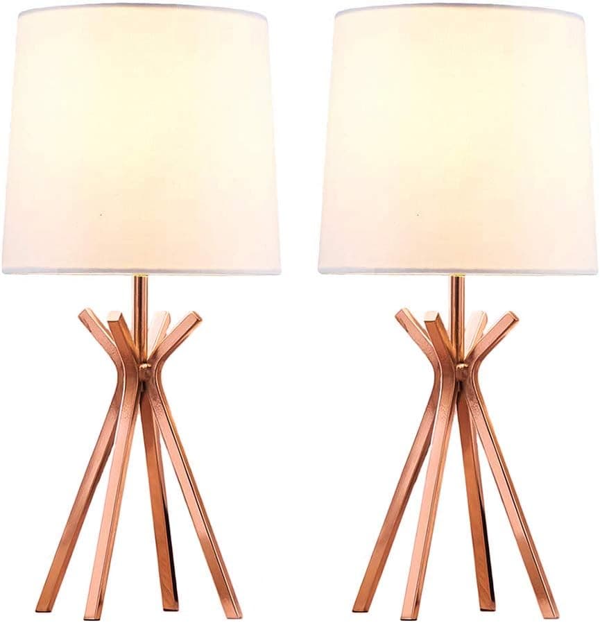 CASILVON Simple Design Living Room Bedroom Set of 2 Rose Metal Base Bedside Table Lamp, Desk Lamps Table Lighting with TC Fabric Shade