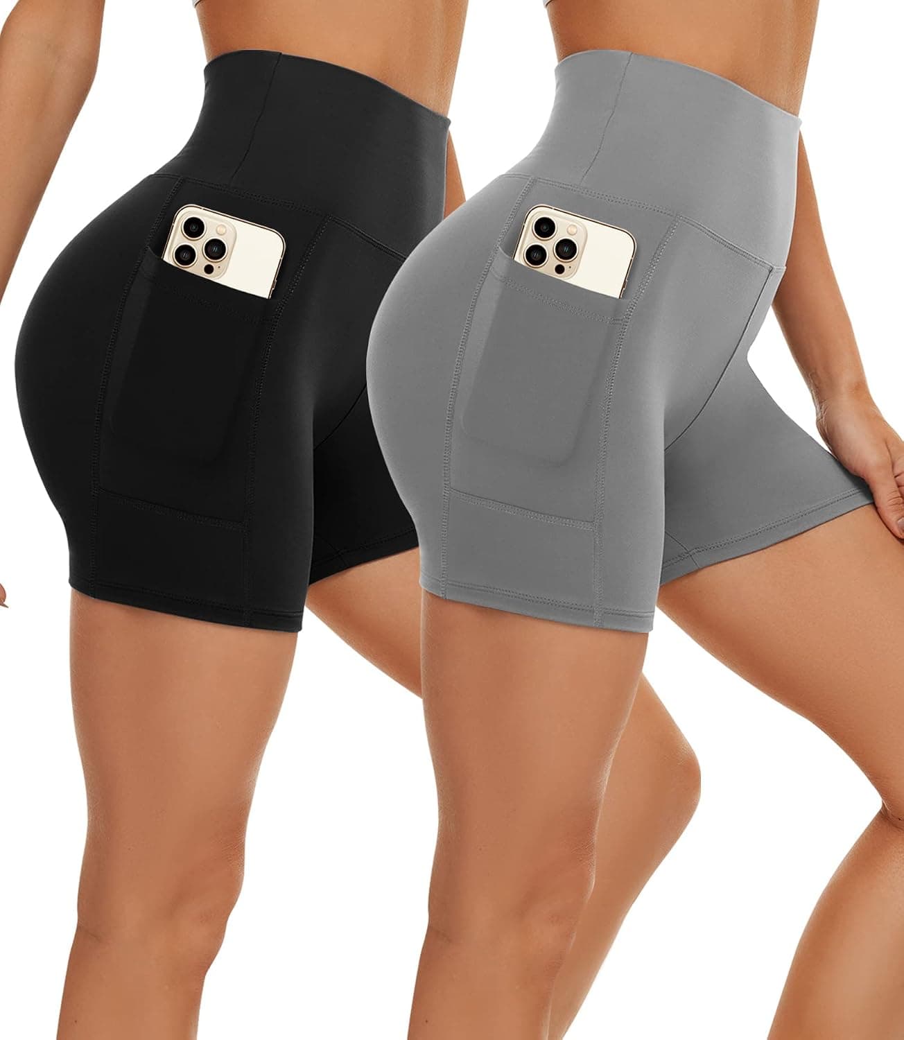 OBFUN Workout Shorts for Women 2 Pack 5"/8" Tummy Control Biker Shorts with Pockets High Waist for Yoga Gym Cycling Running