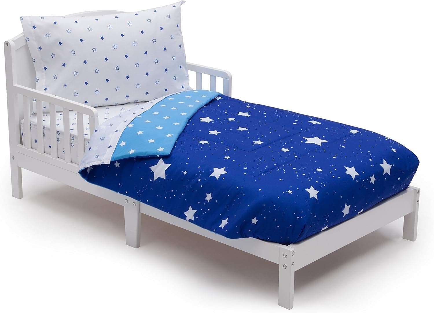 Delta Children 4 Piece Toddler Bedding Set for Boys - Reversible 2-in-1 Comforter - Includes Fitted Comforter to Keep Little Ones Snug, Bottom Sheet, Top Sheet, Pillow Case - Blue Stars