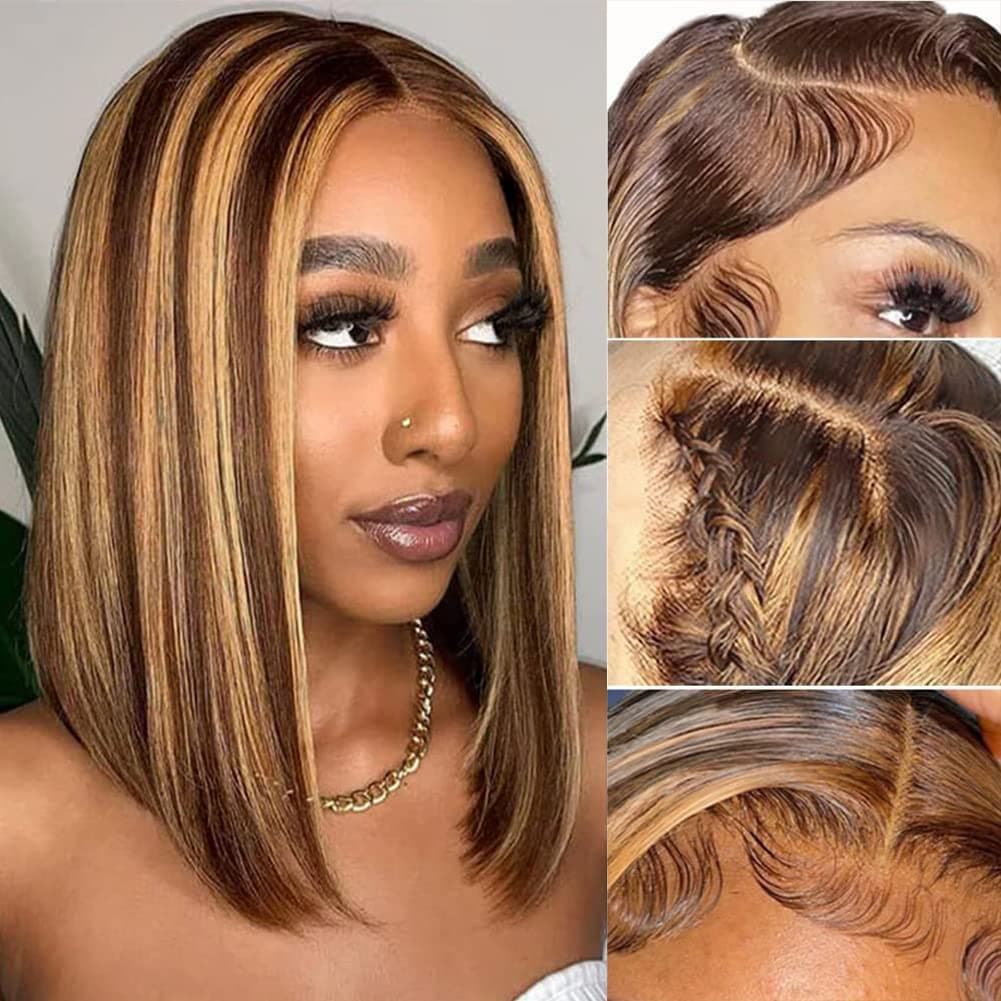 Sinlenhin 4/27 Honey Blonde Lace Front Wig Human Hair 12 Inch Bob Wig Human Hair 13x4 Frontal Lace Wig Highlight Lace Front Wig Human Hair Bob Wigs For Women Pre Plucked with Baby Hair (12 inch)