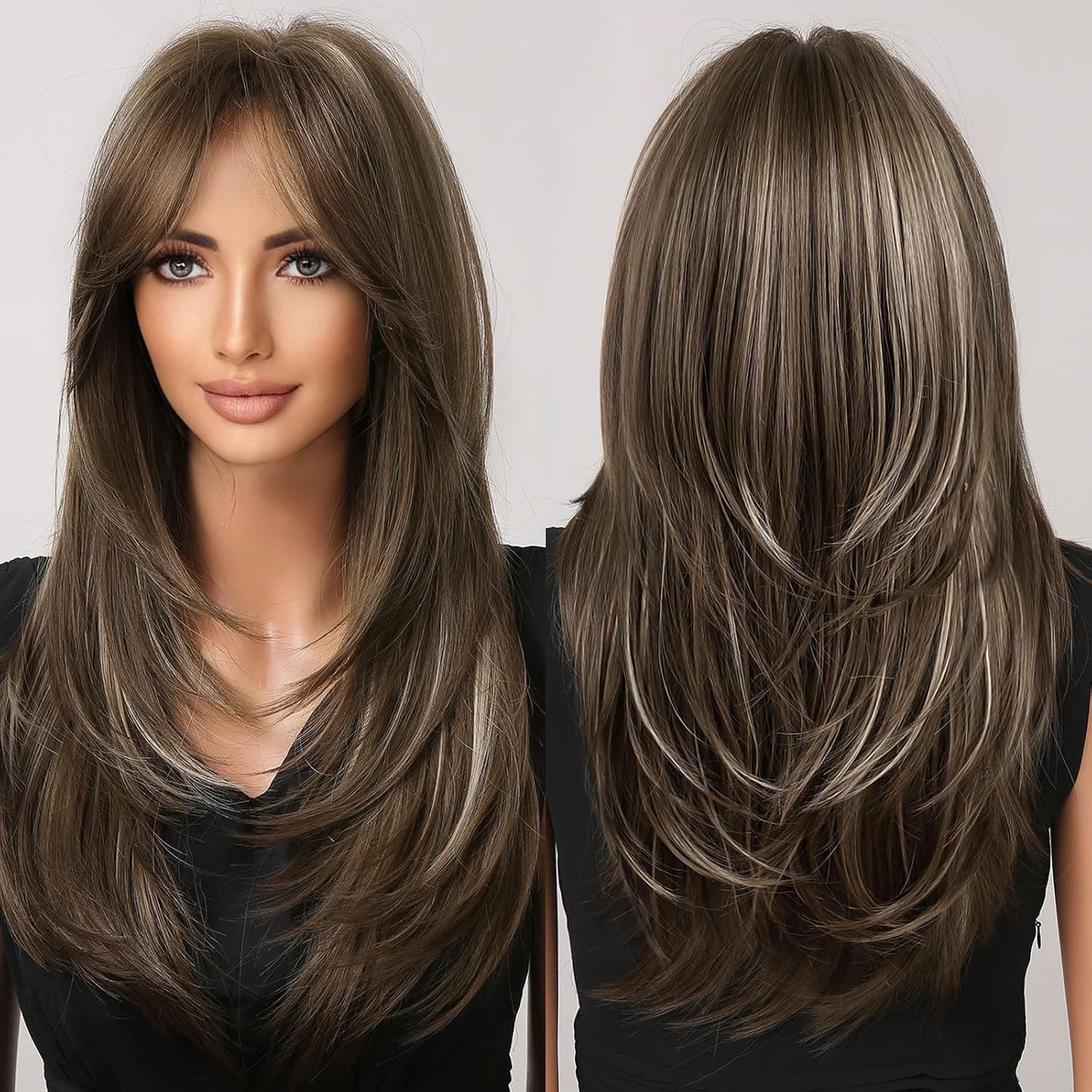 DOROJJ Brown Wig for Women Long Brown Wigs Highlight Brown Wigs with Bangs Layered Wigs for Daily Use