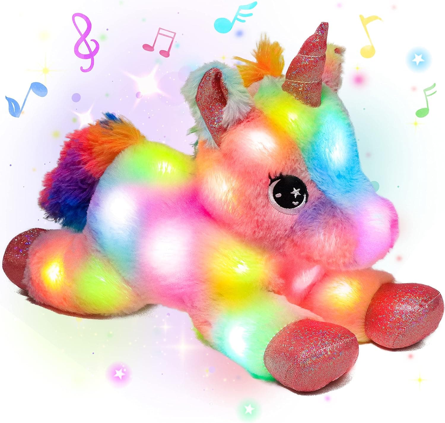 Easfan Musical Rainbow Unicorn Stuffed Animal LED Light Up Singing Plush Toy with Lullabies Night Lights Glow in The Dark Birthday for Kids Toddlers Girls,10”