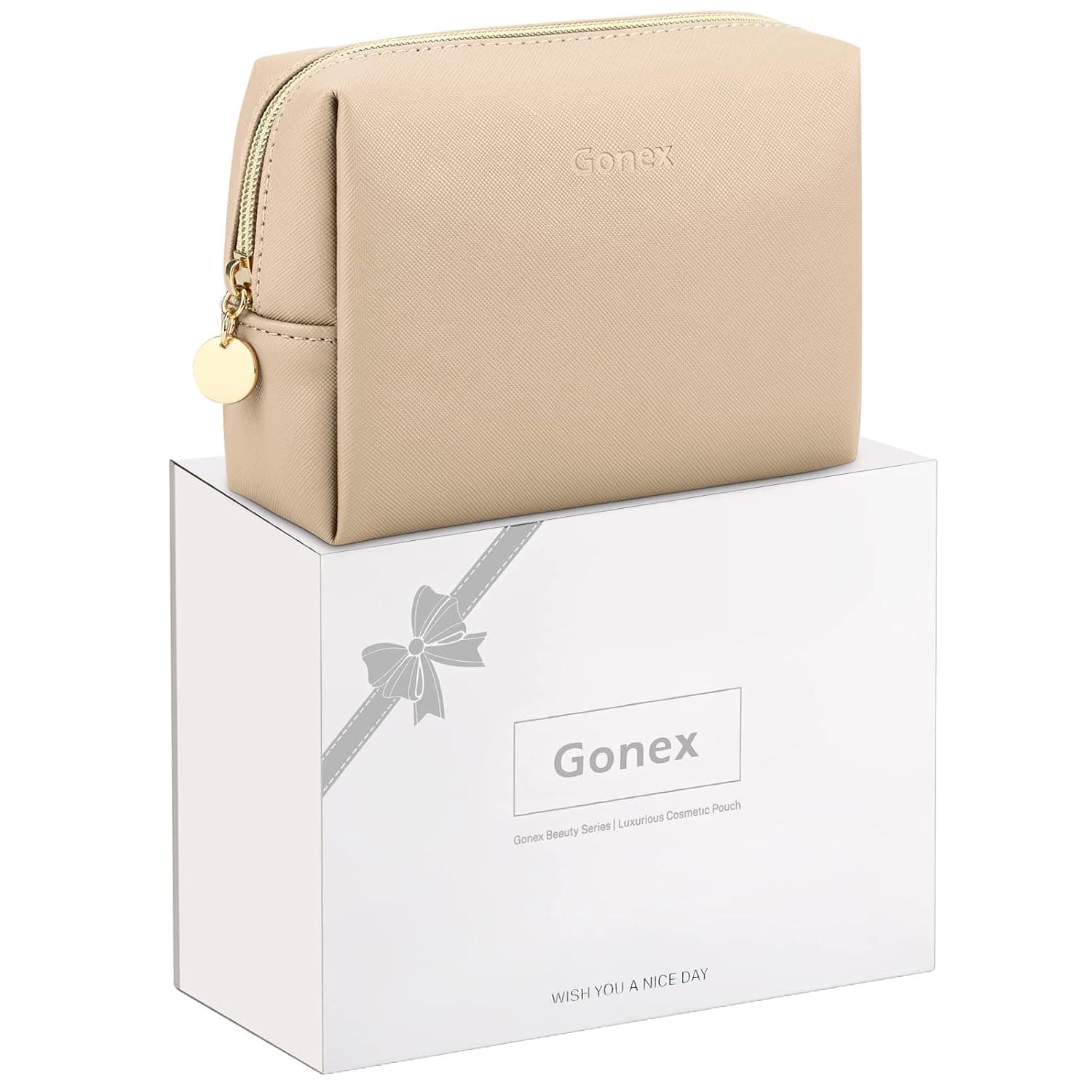 Gonex Small Makeup Bag for Purse PU Vegan Leather Travel Cosmetic Pouch Toiletry Bag for Women Girls Gifts with Gift Box Portable Water-Resistant Daily Storage Organzier Khaki