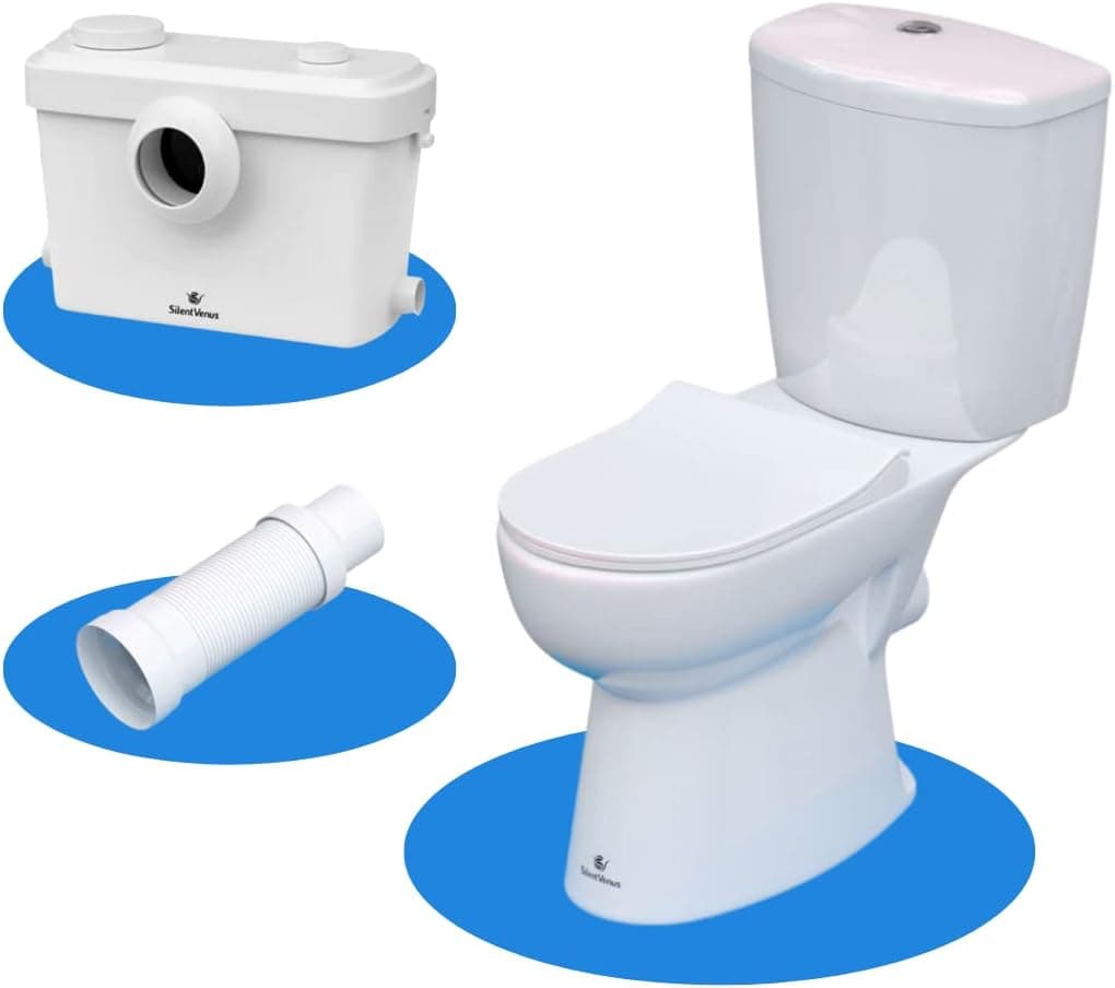 Silent Venus White Upflush Toilet (2-Piece Kit) - Macerating Toilet System with Round-Front Standard Bowl - Powerful Upflush Toilet For Basement (Two Piece Toilet)