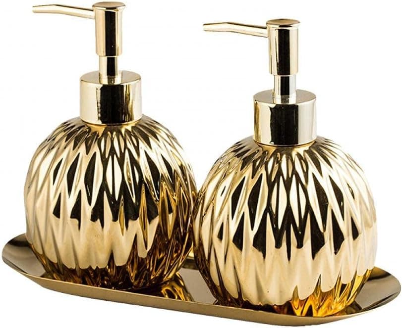 13.5 Oz Ceramics Creative Countertop Soap Dispensers with Pump, Refillable Hand Soap Dispenser, Premium Lotion Soap Dispenser for Bathroom, Kitchen, Bedroom, Vanity (Gold,2PC set with tray)