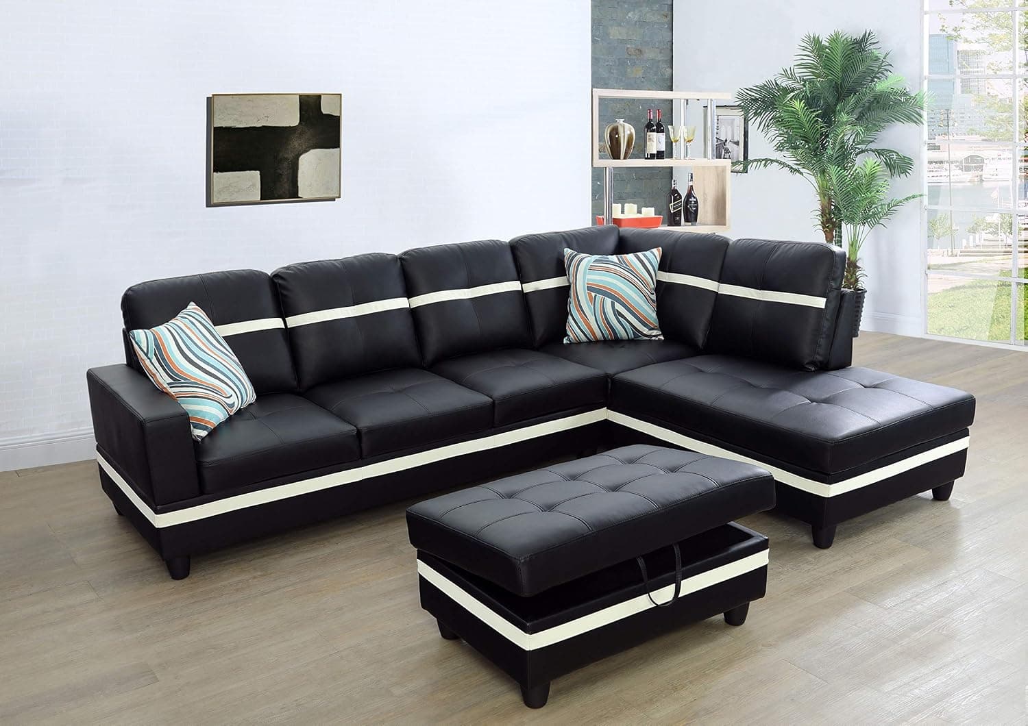 Ainehome Faux Leather 3 Piece Sectional Sofa Couch Set, L-Shaped Modern Sofa with Chaise Storage Ottoman and Pillows for Living Room Furniture, Right Hand Facing Sectional Sofa Set Black & White