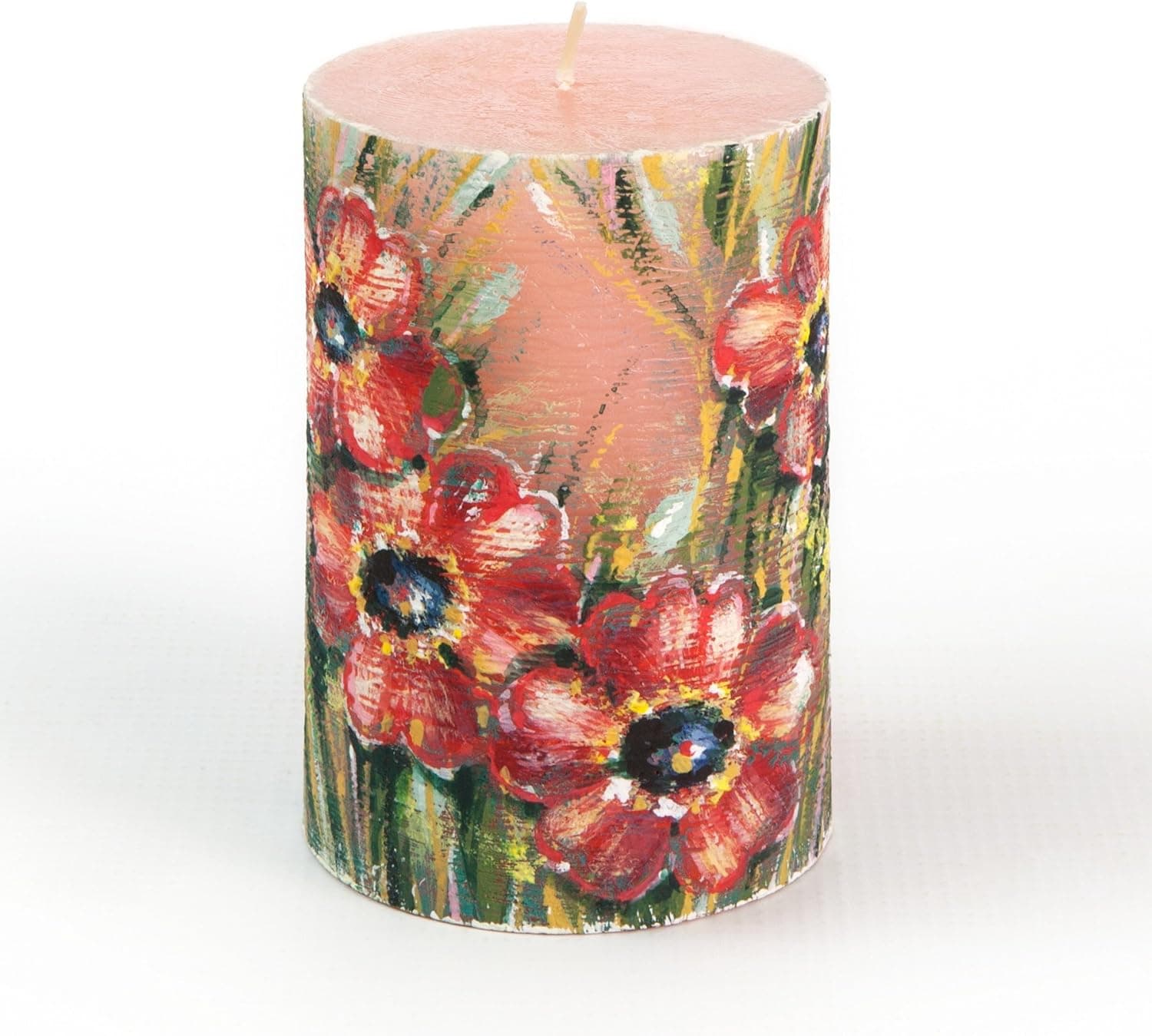 Candle Atelier Handmade and Handpainted 'Red Poppy Flowers' 3" x 4.5" Pillar Candle, Fragrance-Free