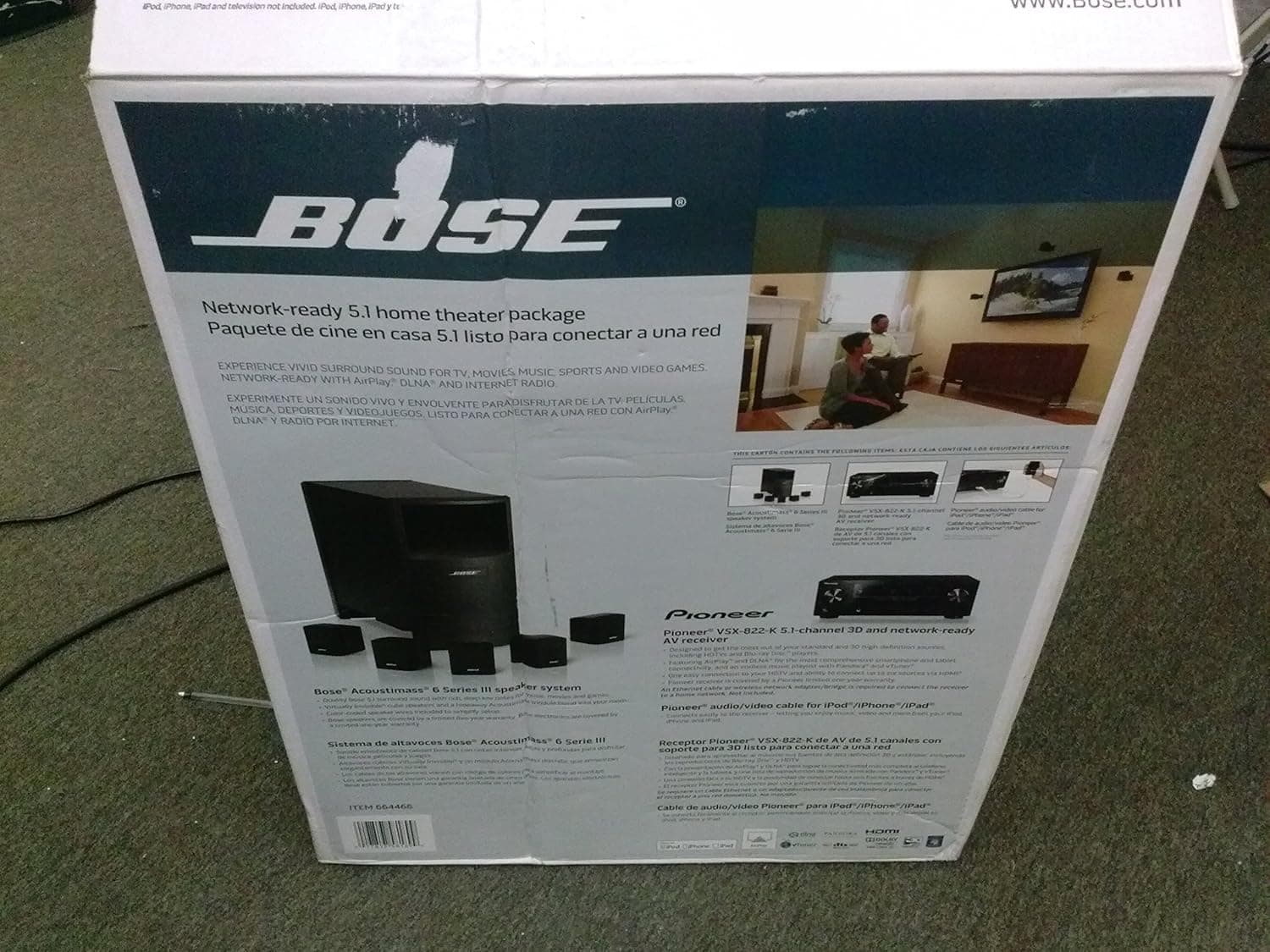 Bose Acoustimass 6 series 5 speaker with Pioneer 5.1 channel 3D and network ready AV receiver & Dock Bundle