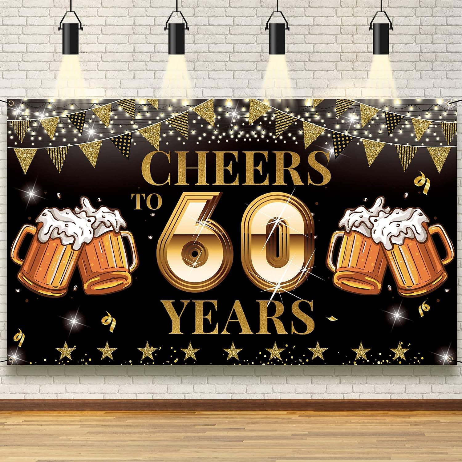 Cheers to 60 Years Backdrop Banner, Happy 60th Birthday Decorations for Men Women, 60th Anniversary Decorations, 60th Reunion, Black Gold 60 Years Celebration Party Decor, Vicycaty (6.1ft x 3.6ft)