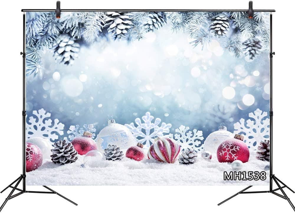 LB 7x5ft Winter Christmas Backdrop Xmas Balls Snowflake Pine Tree Photography Backdrops for New Year Party Kids Portrait Photoshoot Photo Booth Studio Props