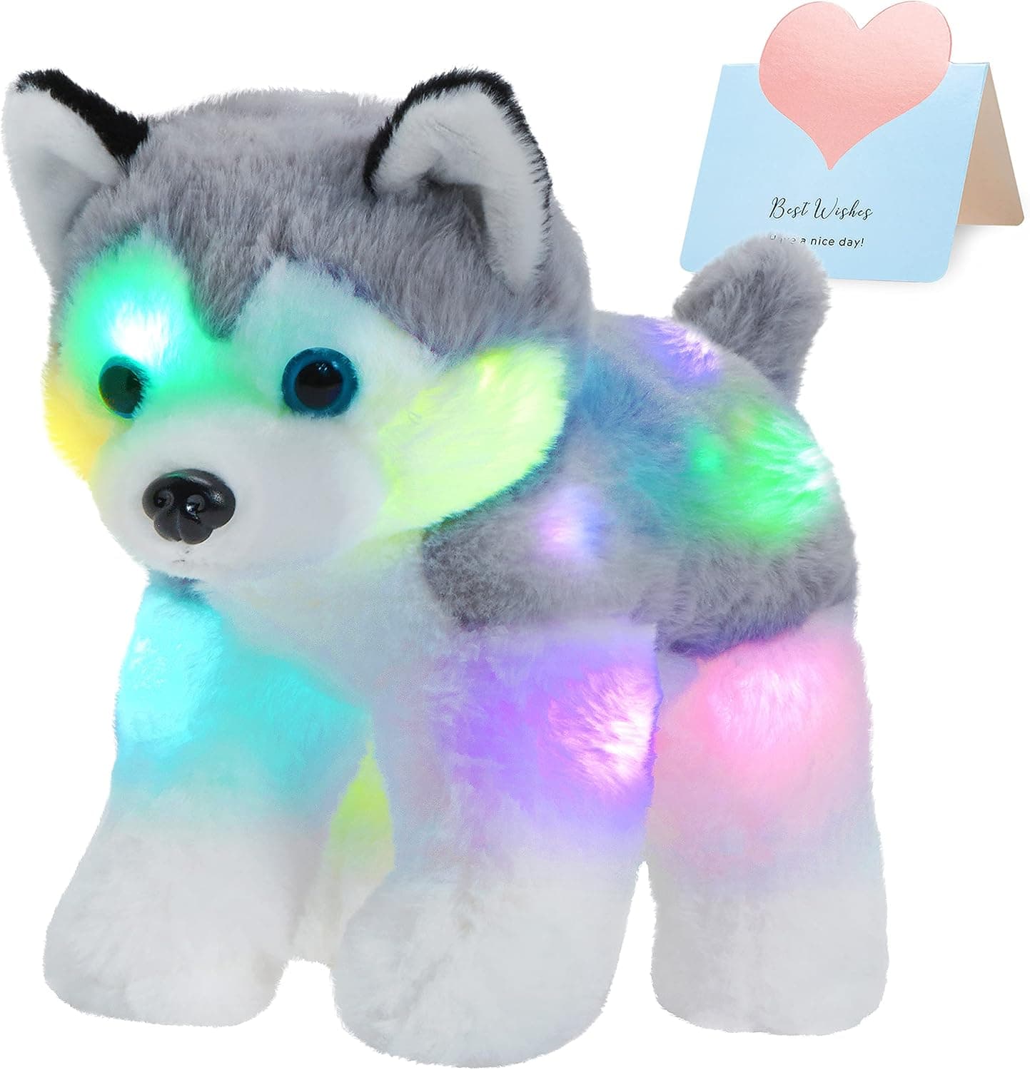 BSTAOFY 12’’ Light up Husky Puppy Stuffed Animal Realistic LED Dog Soft Plush Toy with Night Lights Glow in The Dark Birthday for Toddler Kids